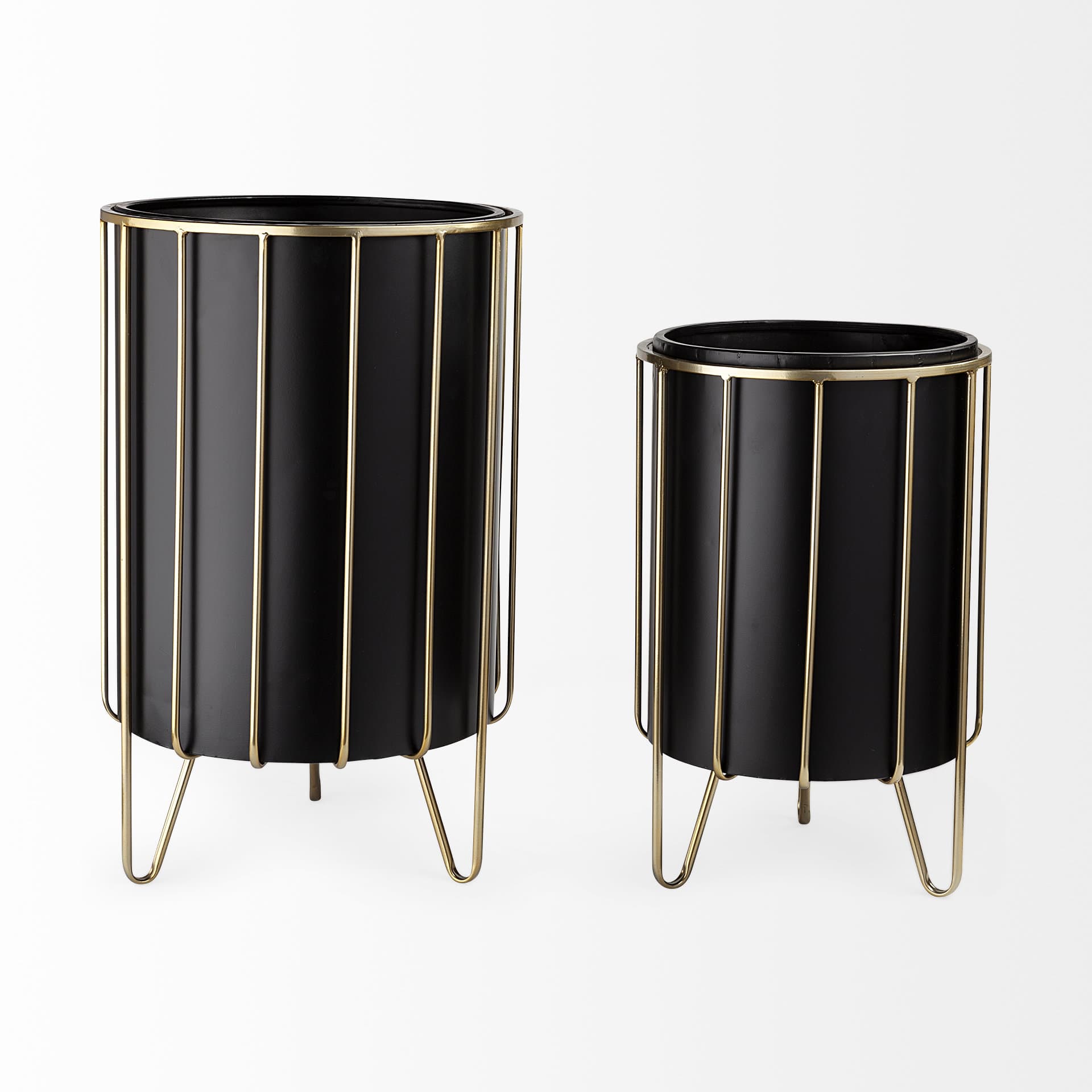 Pianta 13 x 21 Set of Two Black Metal Insert Brass Frame Plant Stands — product photograph