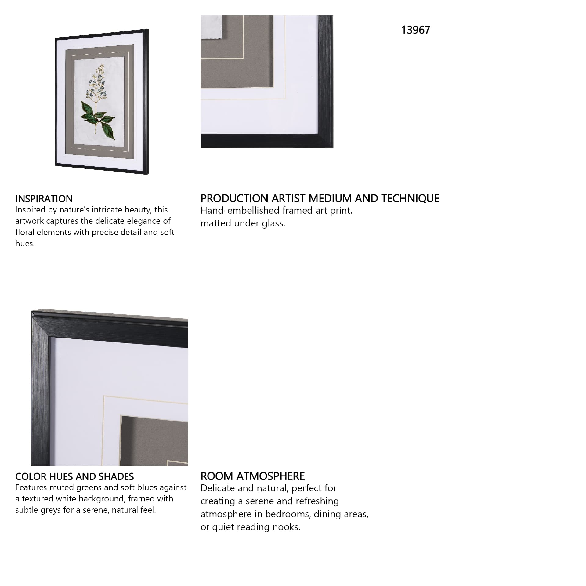 Soft Blue Botanoicals IV by Mercana Studio Hand Embellished Framed Art Print Matted under Glass — in a styled room