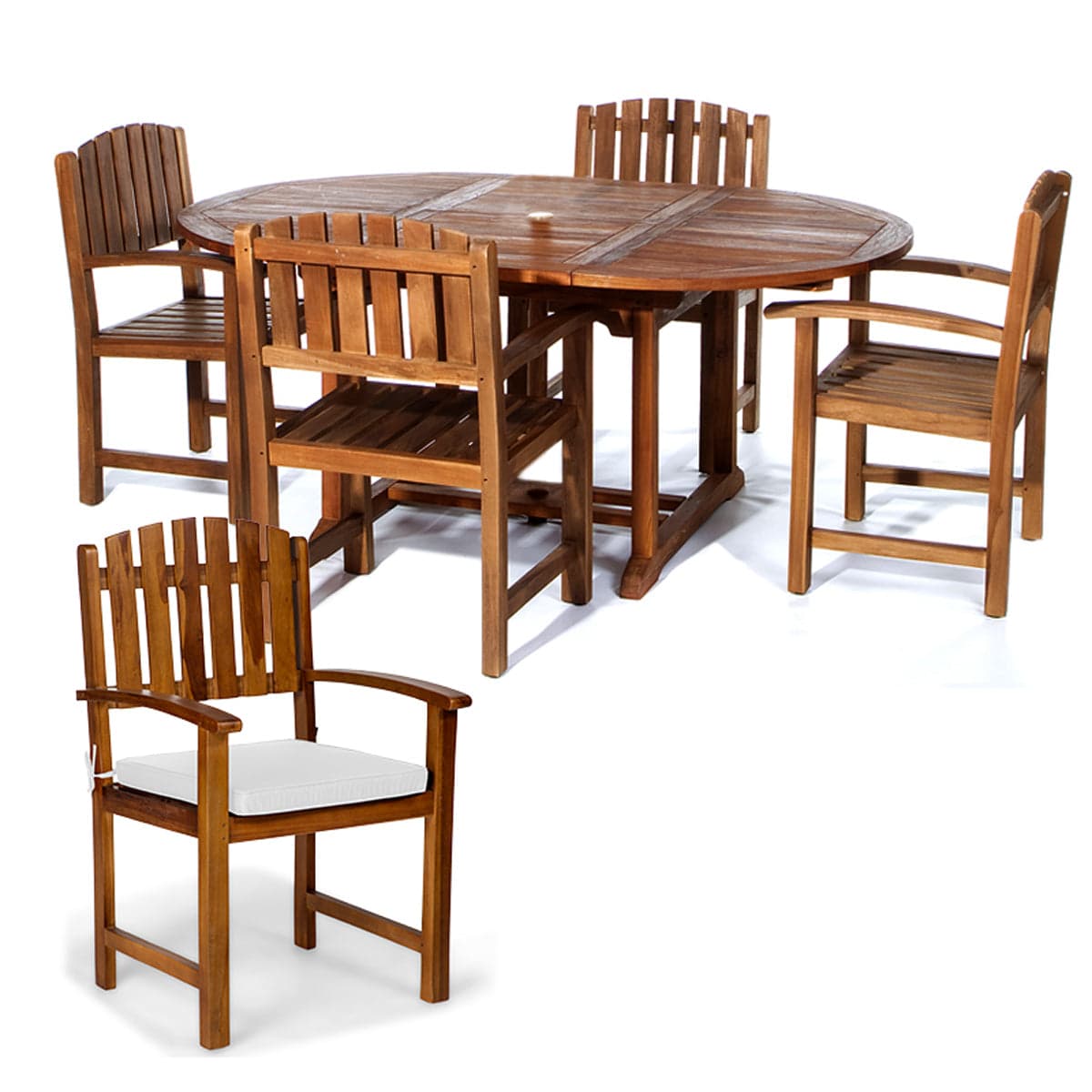 5-Piece Teak Oval Extension Patio - Table and Dining Chairs Set - White Cushions — product photograph