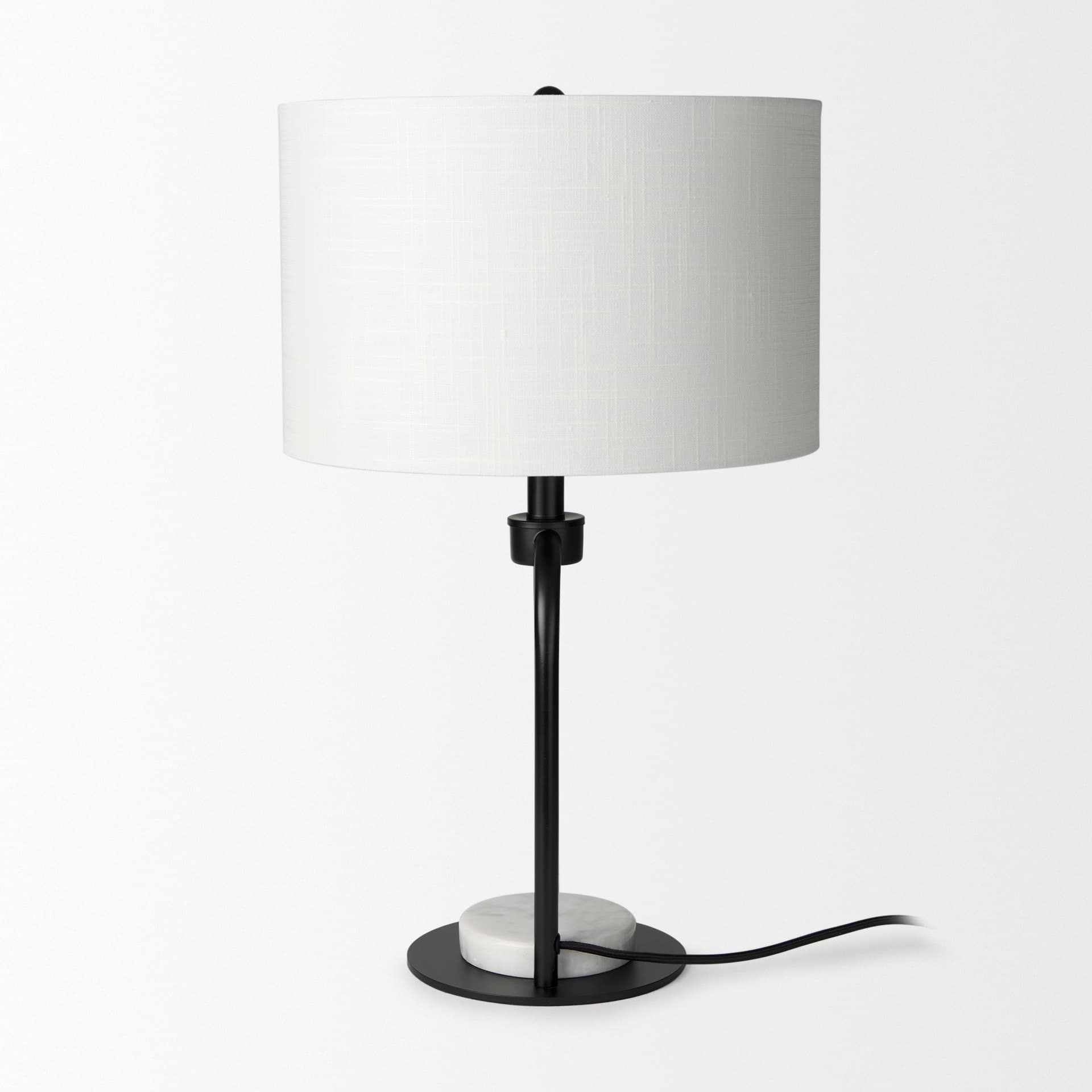 Sarah 15.0L x 10.0W x 22.2H Arched Black Metal W/Marble Cube and White Shade Table Lamp — product photograph
