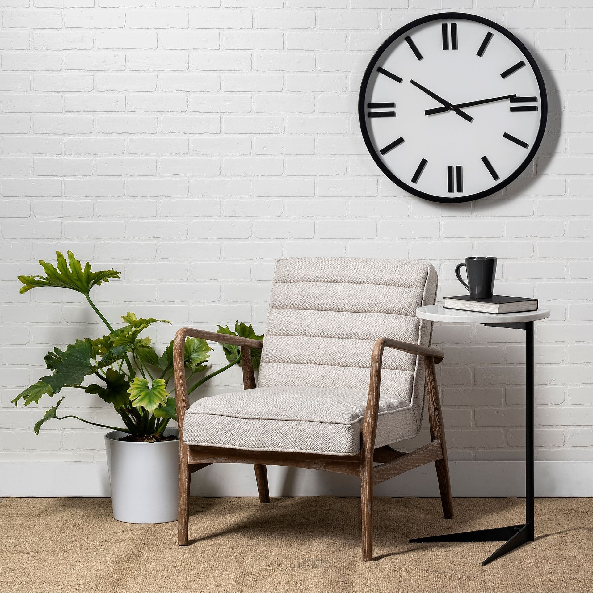 Ajax II Cream Fabric W/ Brown Wooden Frame Accent Chair — in a styled room