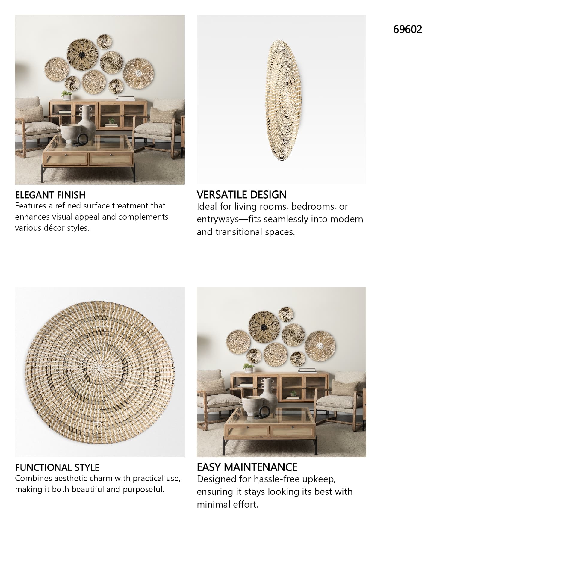 Avel 18.0L x 18.0W x 3.0H Light Brown Seagrass W/Dark Brown String Round Wall Hanging Plate — in a styled room