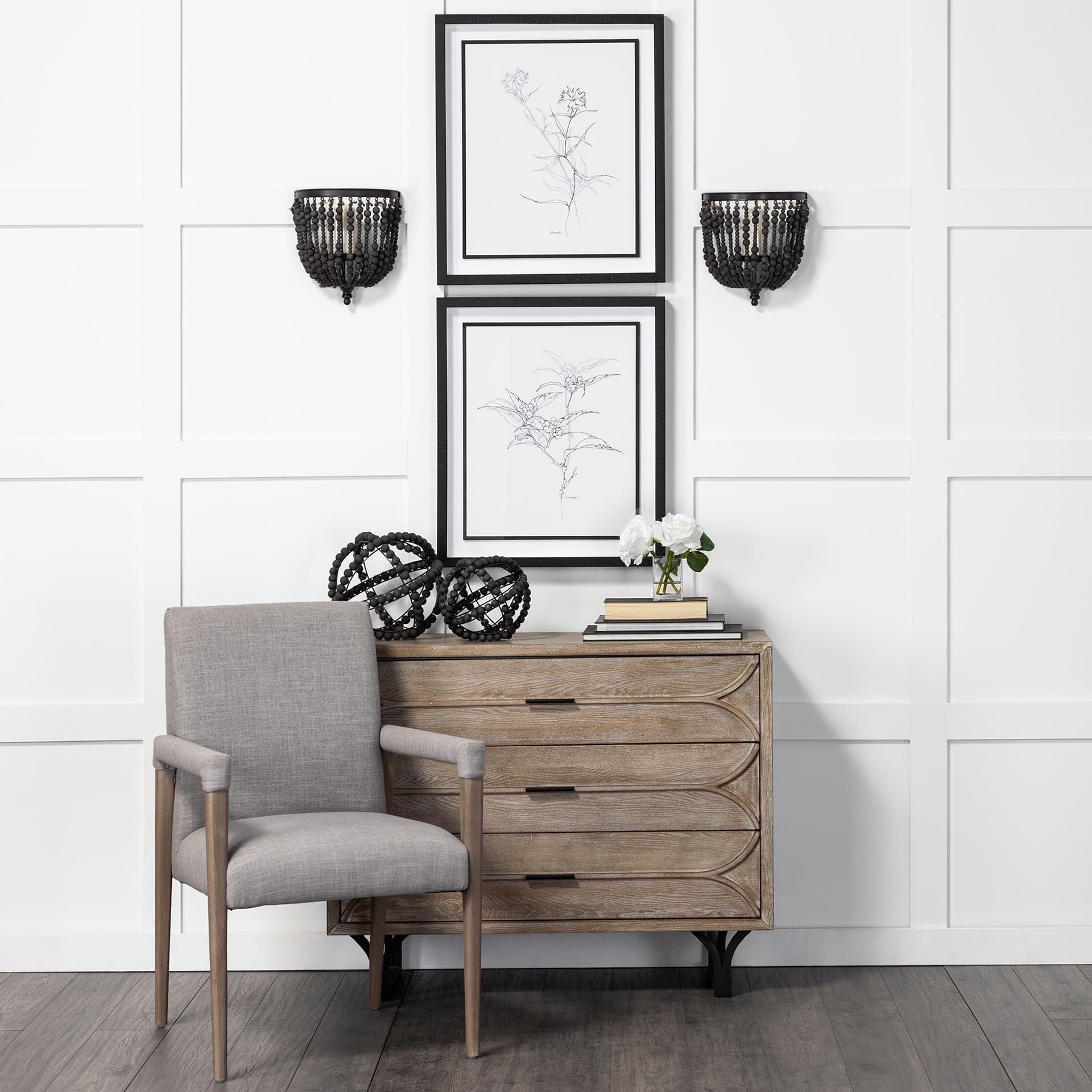 Earnhardt I Small 9L x 9W Black Wooden Beaded Orb — in a styled room