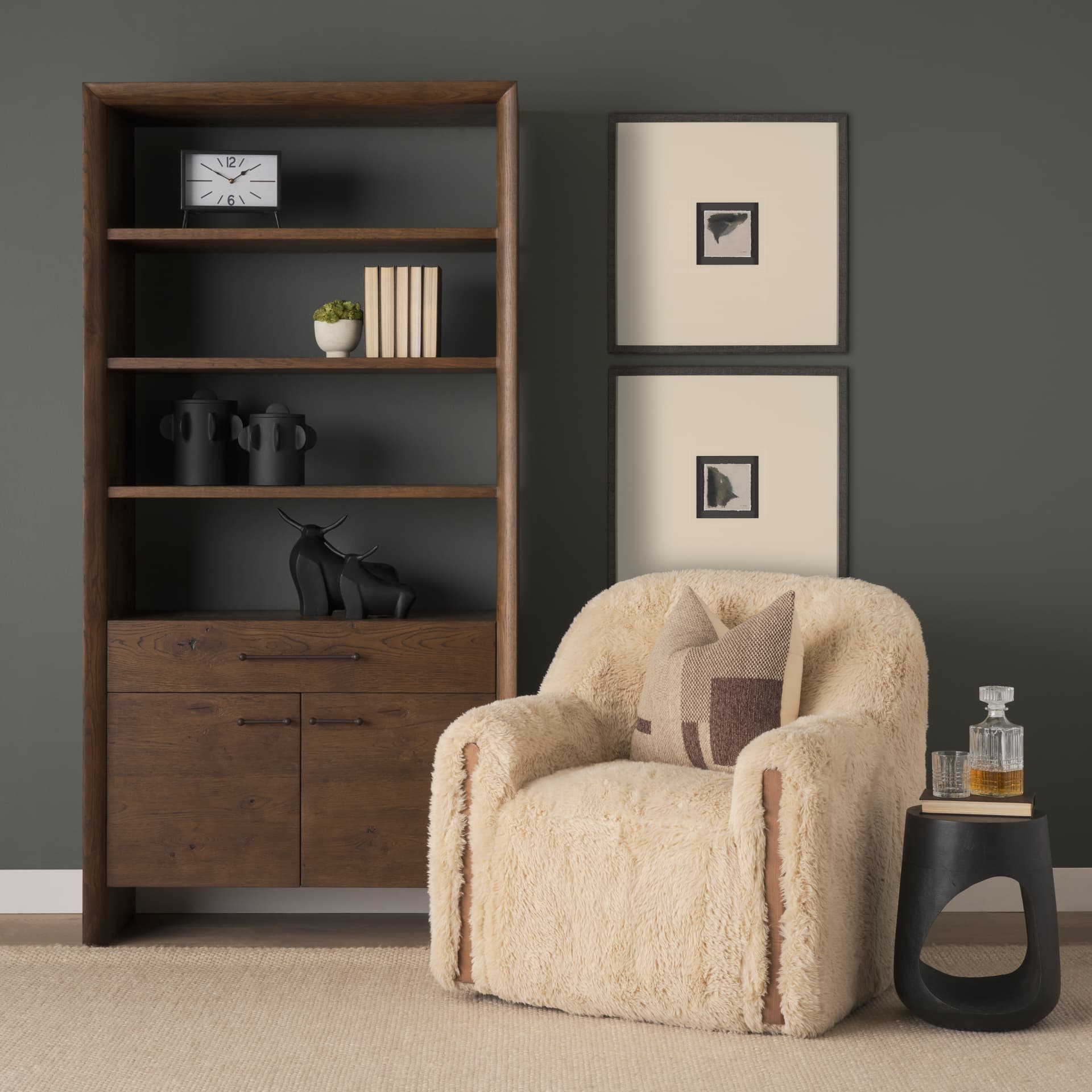 Huntley Cream Faux Fur Fabric Swivel Accent Chair — product photograph