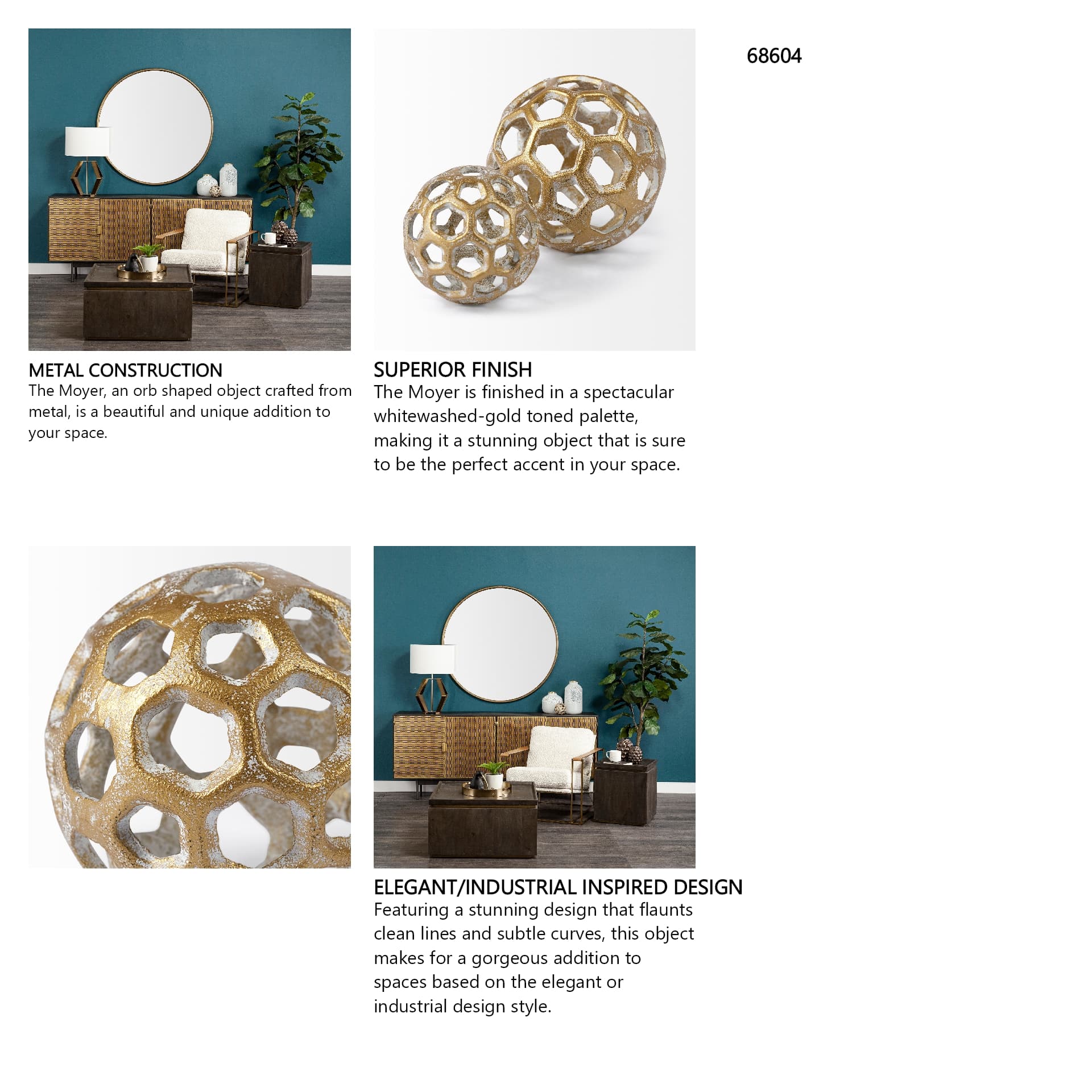 Moyer I (Small) 3L x 3W Gold Metal Hollow Decorative Orb — in a styled room