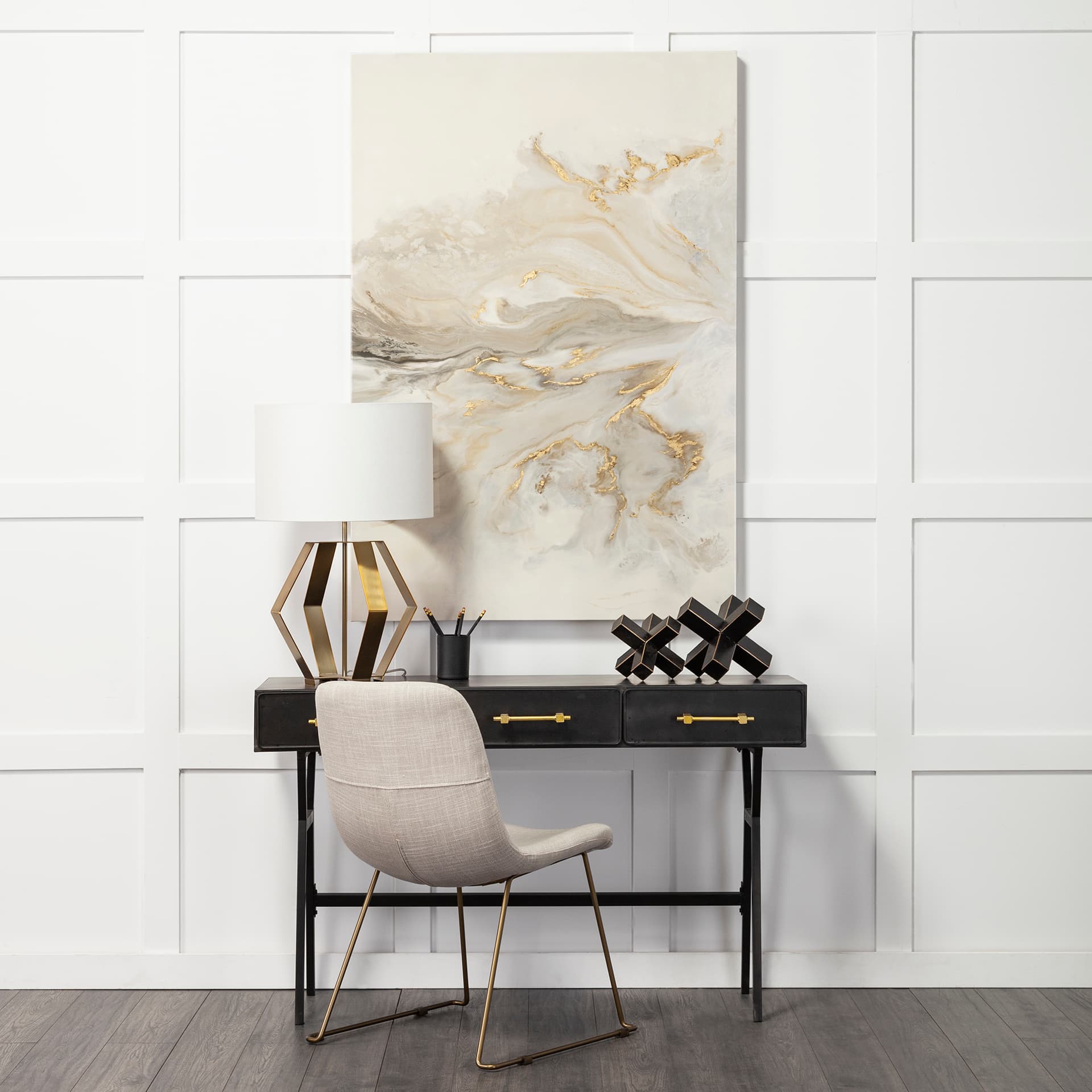 Sawyer Solid Back Dining Side Chair | Beige Fabric w/ Gold Metal — product photograph