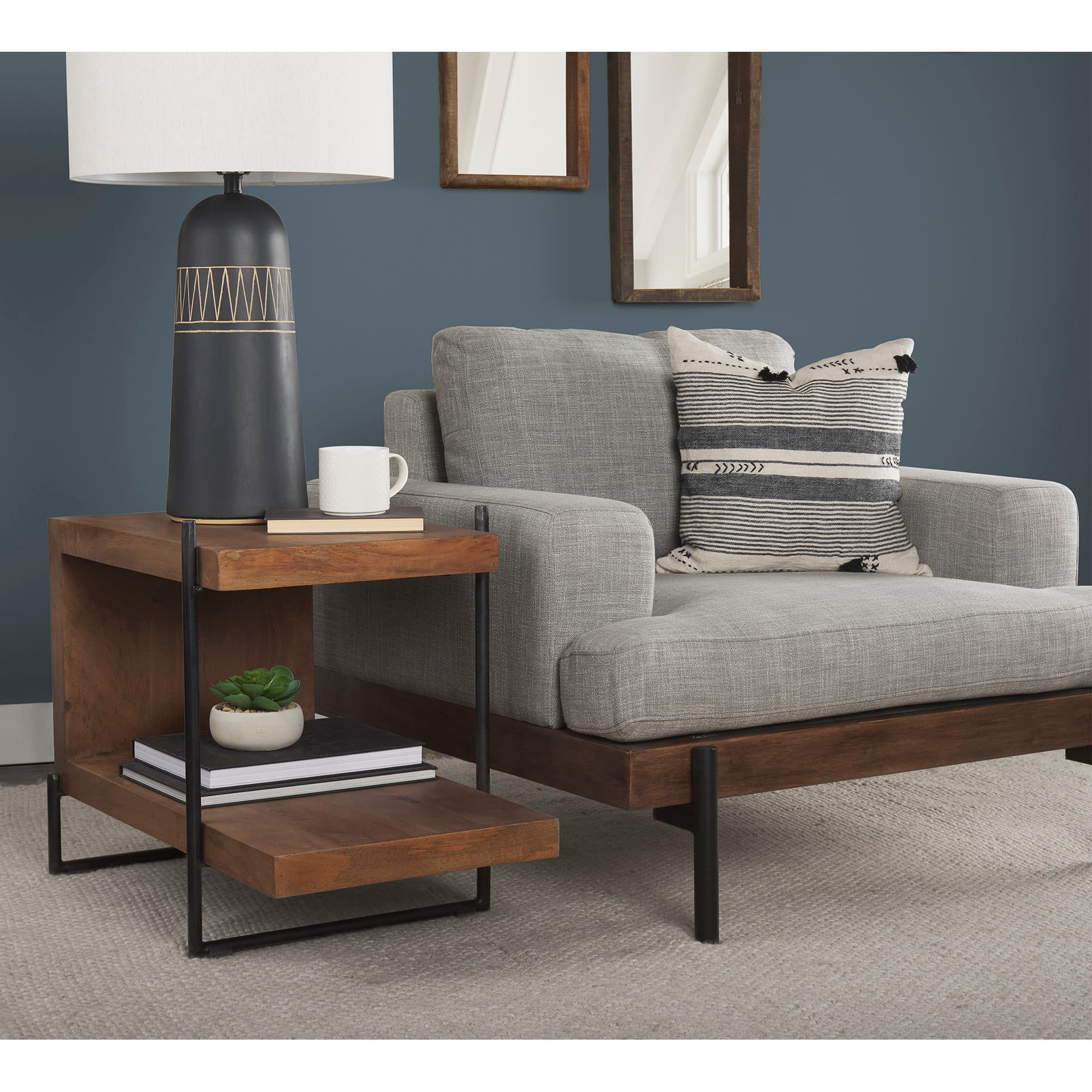 Maddox 30L x 18W x 22H Medium Brown Wood w/ Black Metal U-shaped End/Side Table — product photograph