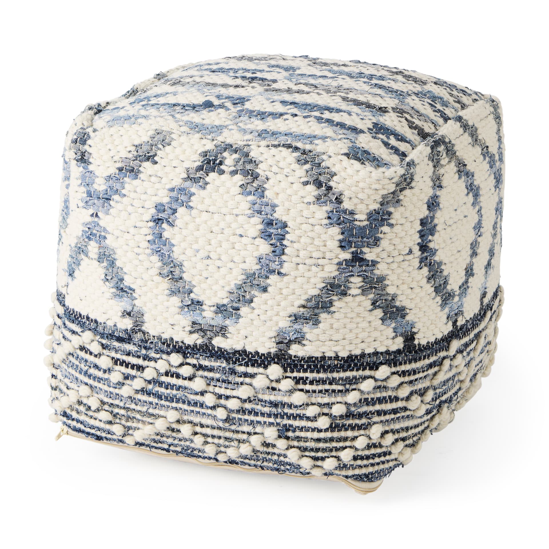 Eshana 16.0L x 16.0W x 16.0H Cream Wool and Denim Patterned Pouf — product photograph