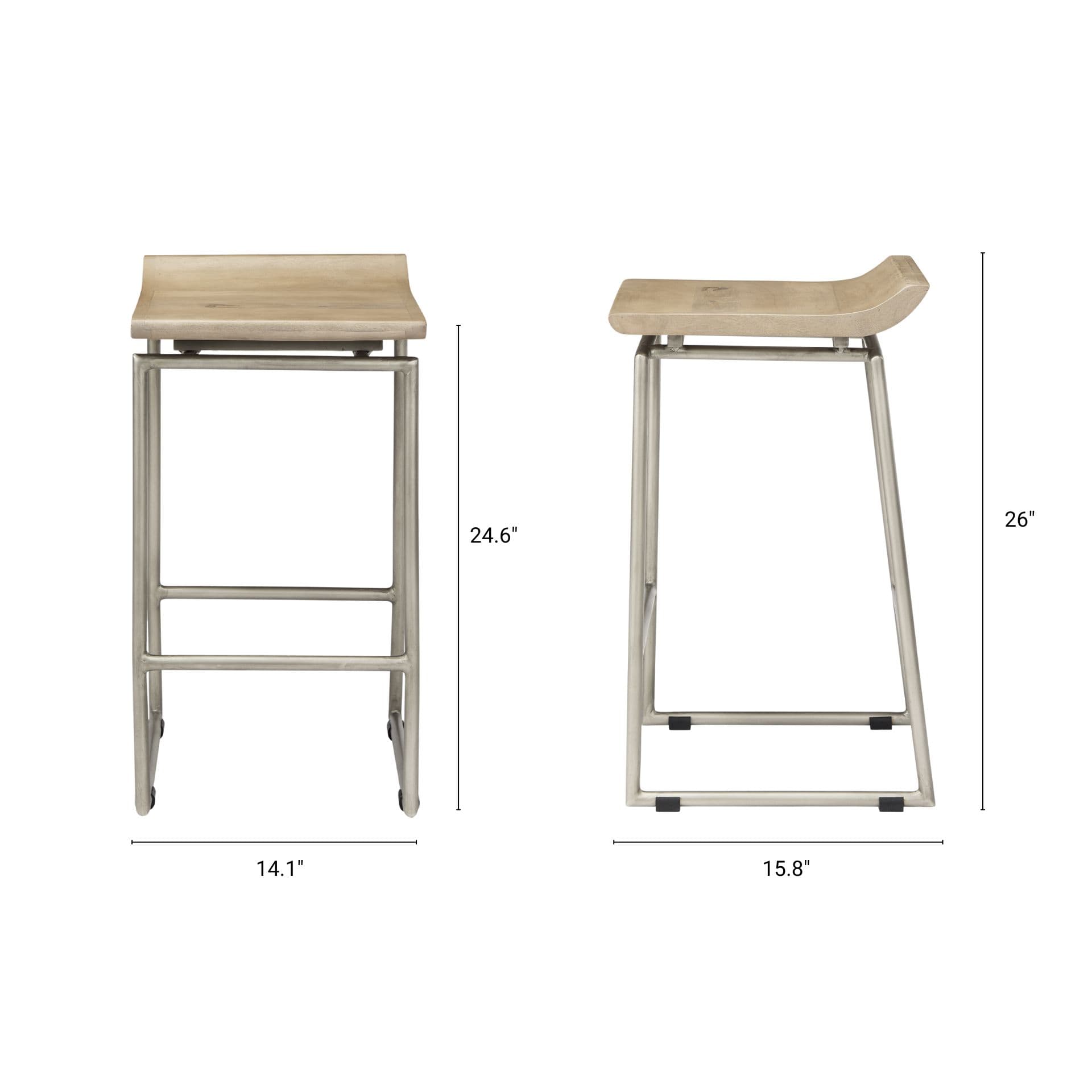 Givens Low Back 26in Seat Counter Stool | Brown Wood w/ Silver Metal — product photograph