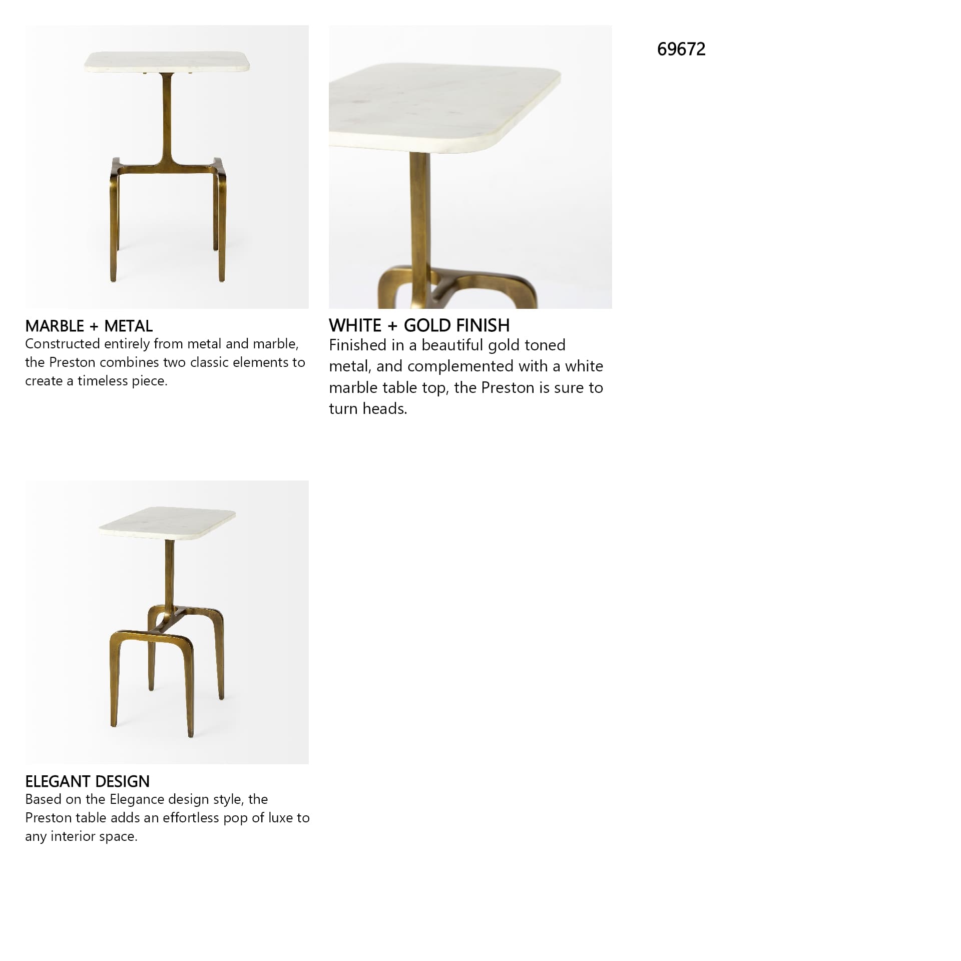 Preston 17.3L x 11.3W x 22.8H White Marble Top W/Gold Metal Accent Table — in a styled room