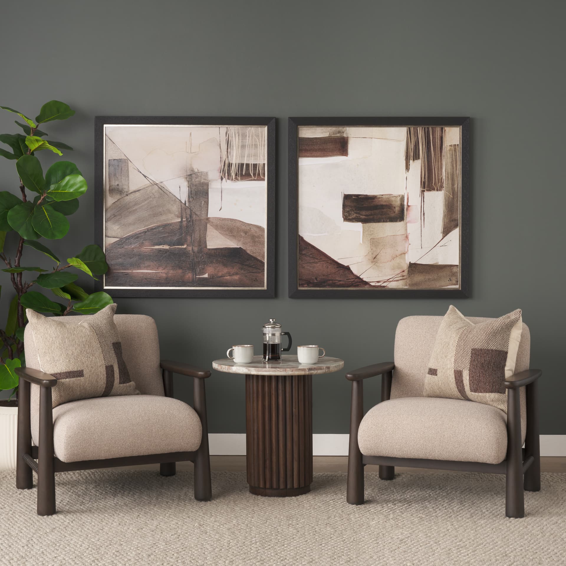 Willmar Textured Mushroom Gray Fabric Espresso Brown Wood Accent Lounge Chair — in a styled room