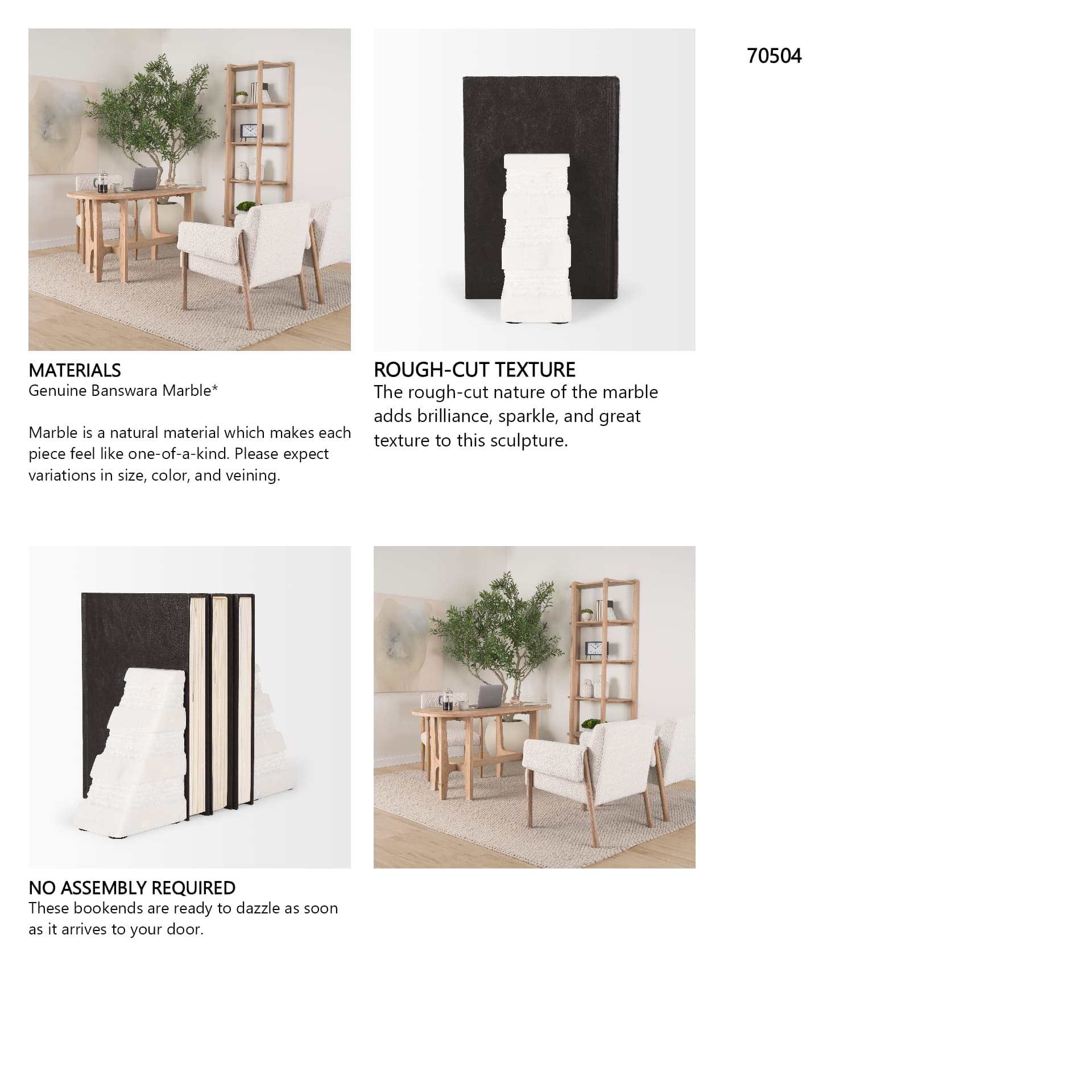 Cavetto White Marble Bookends w/rough carving S/2 — in a styled room