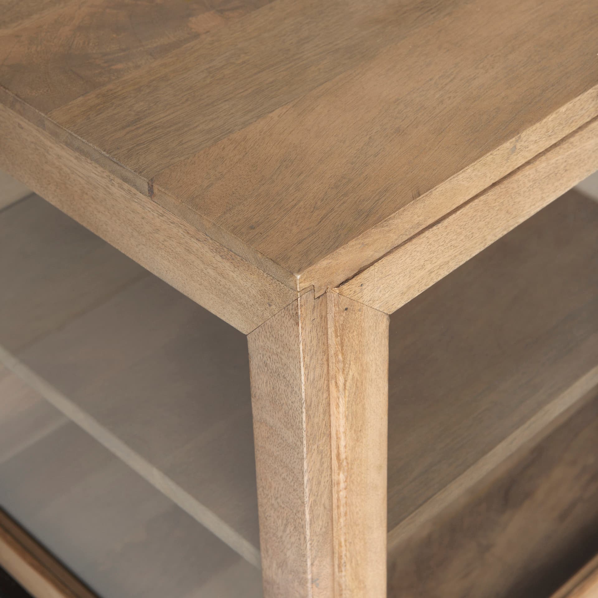 Arelius 70L x 18.75W x 32H Light Brown Wood, Black Metal Base w/ 4 Glass Cabinet Doors Sideboard — product photograph