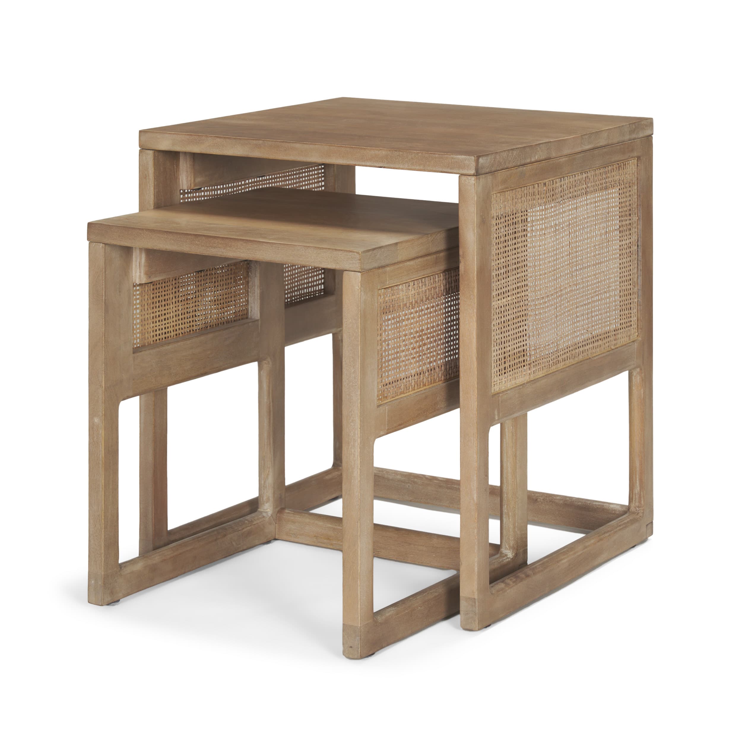 Grier Set of 2 Light Brown Solid Wood w/ Cane Nesting Accent Tables — product photograph