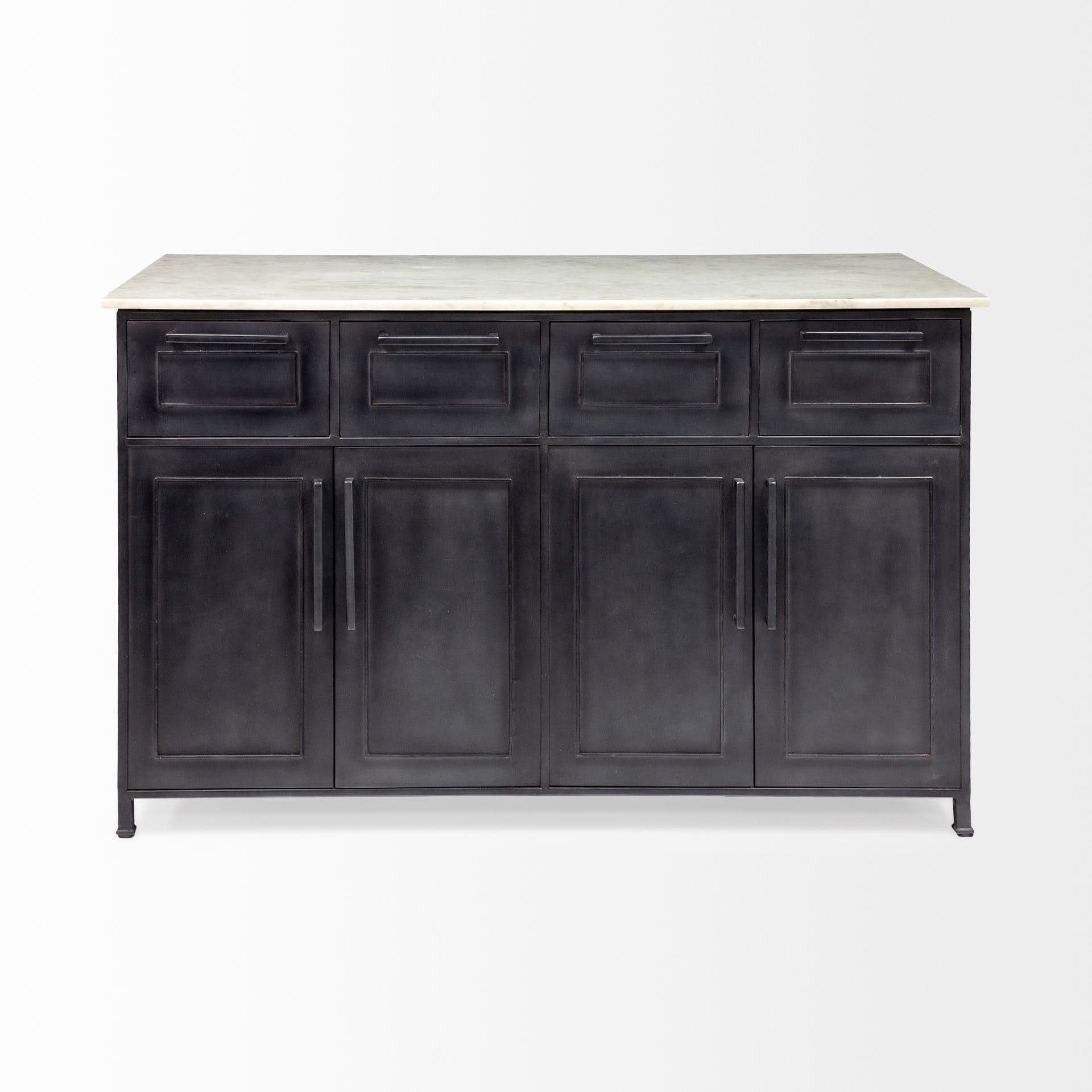 Fieri Solid Iron Black Body White Marble Top Four Drawer Kitchen Island — product photograph