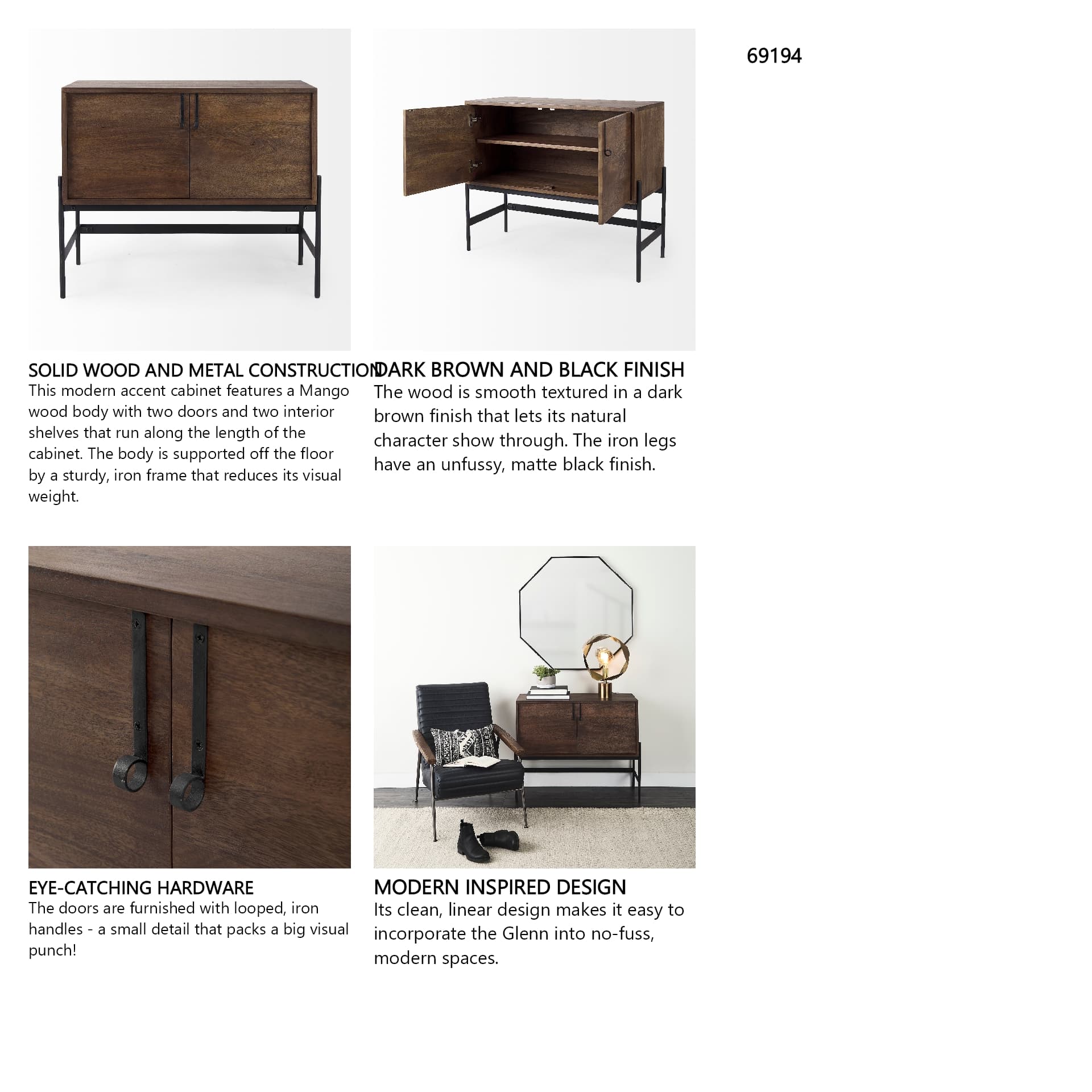 Glenn 38L x 16W x 30H Dark Brown Wood w/ Black Iron Frame, 2 Door Accent Cabinet — in a styled room