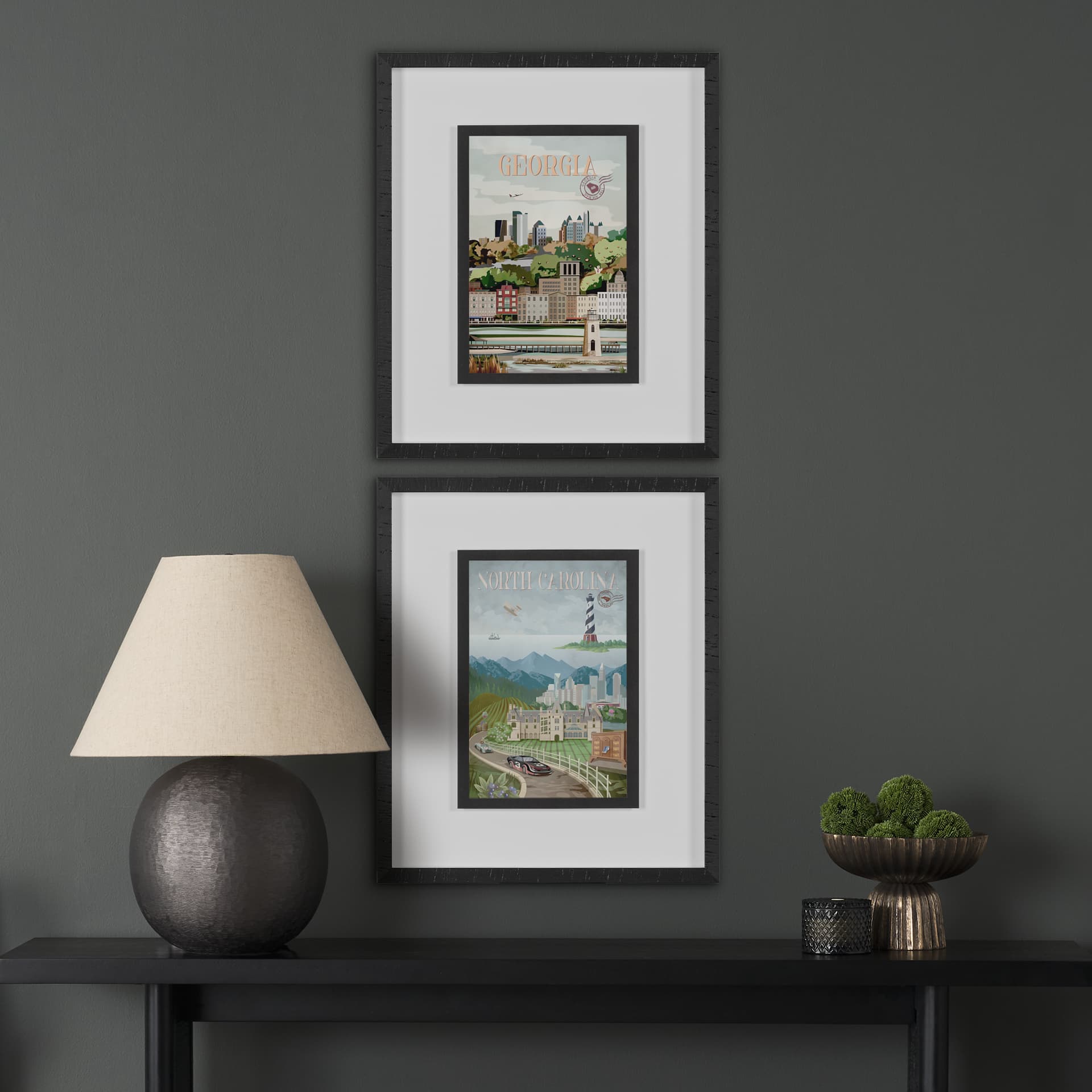 North Carolina by Mercana Studio a Framed Art Print Matted under Glass — in a styled room