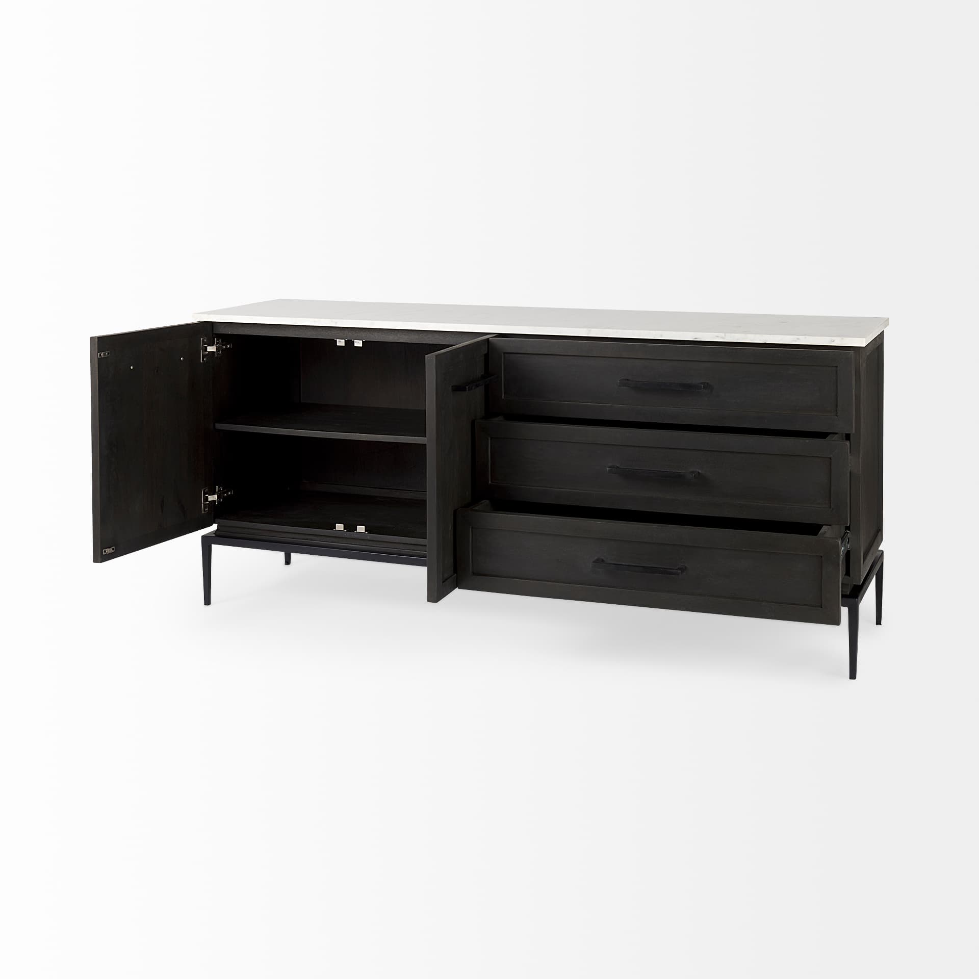 Divina Black-Brown Wood w/ White Marble Top and Black Metal Base Sideboard — product photograph