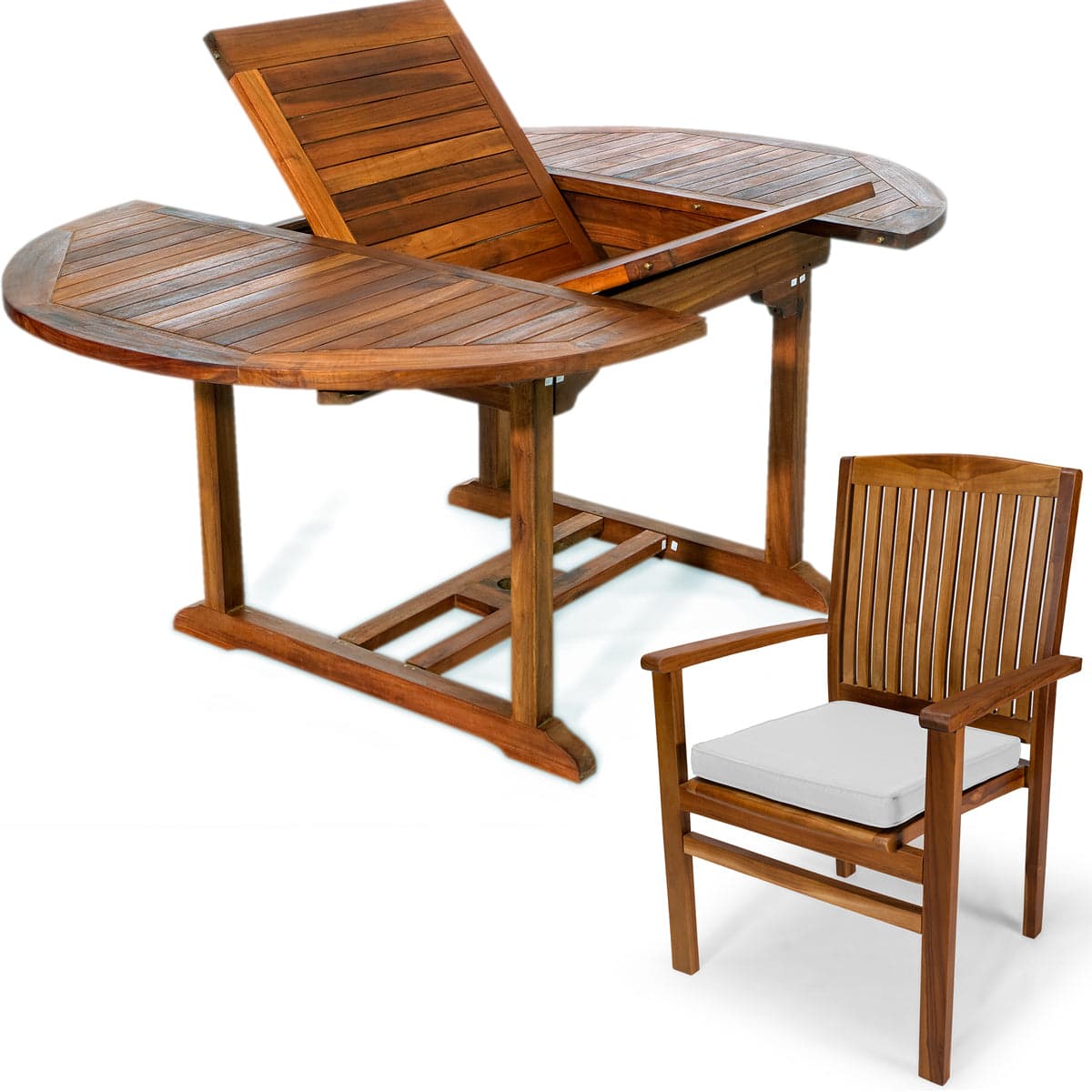 5-Piece Teak Oval Extension Table Stacking Chair Set with White Cushions TE70-24-W — product photograph