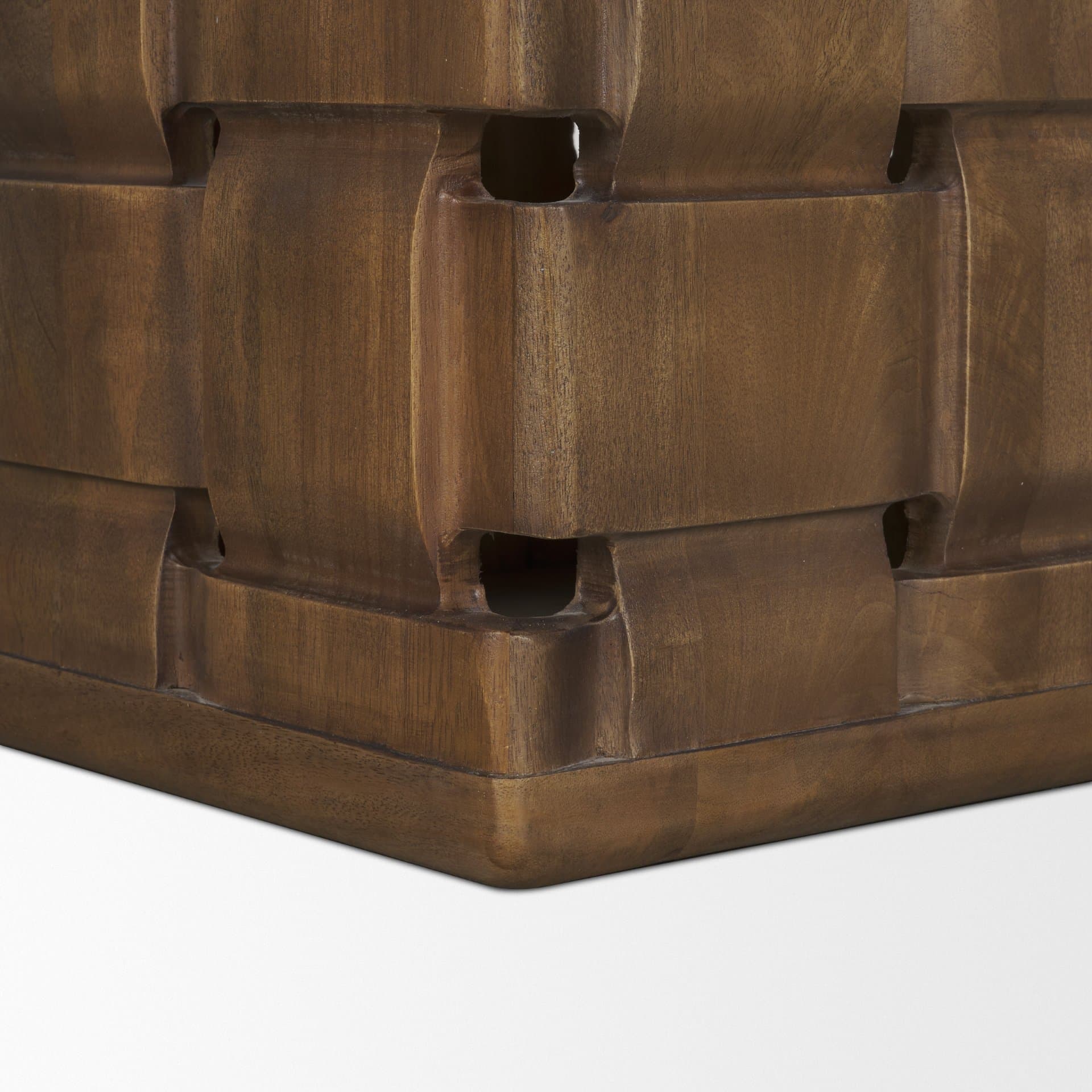 Trellyn Dark Brown Wood w/ Carved Woven Base Square Accent Table — product photograph