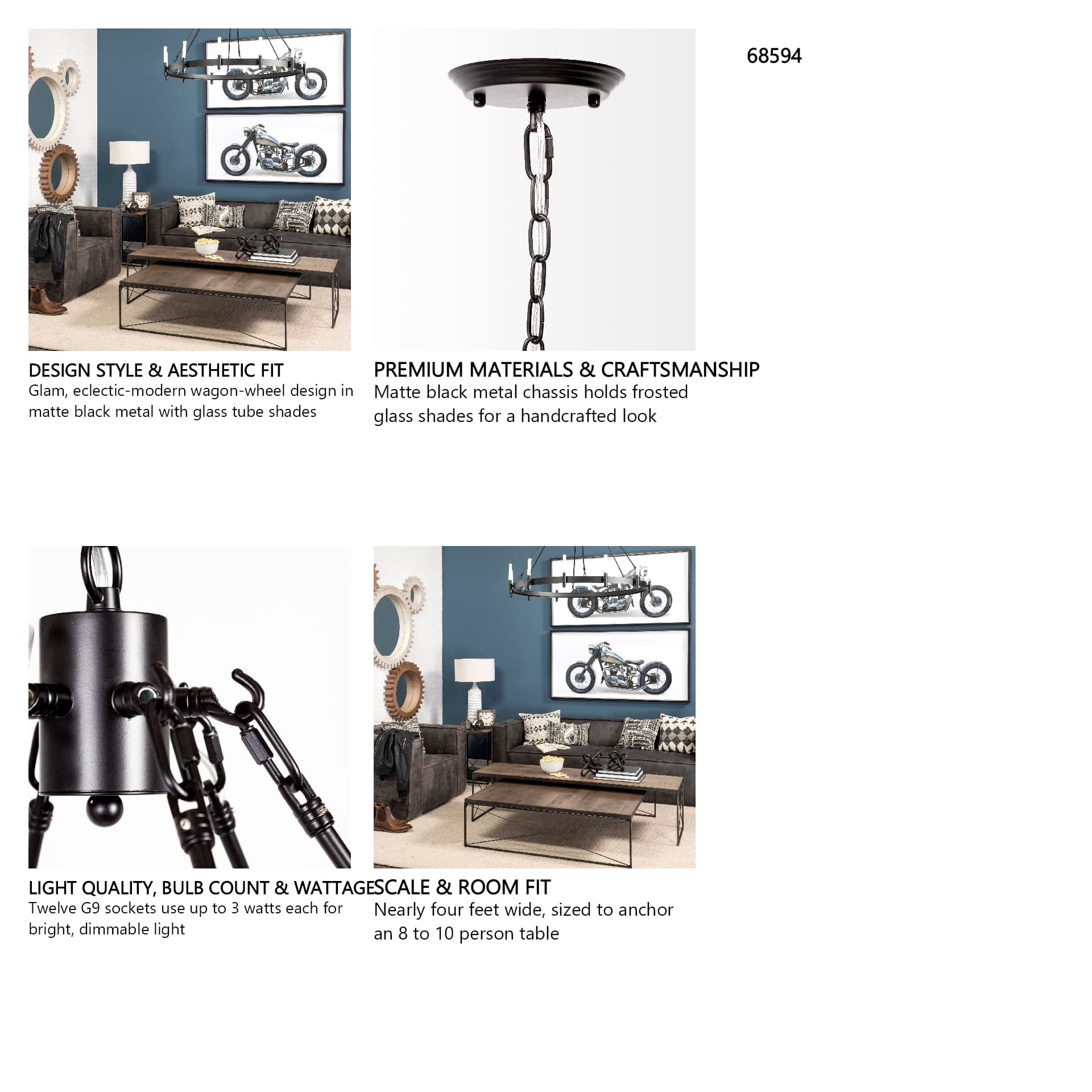 Decamp I (47.2"x36.2") Black Metal Chassis Glass Tube Twelve Light Chandelier — in a styled room