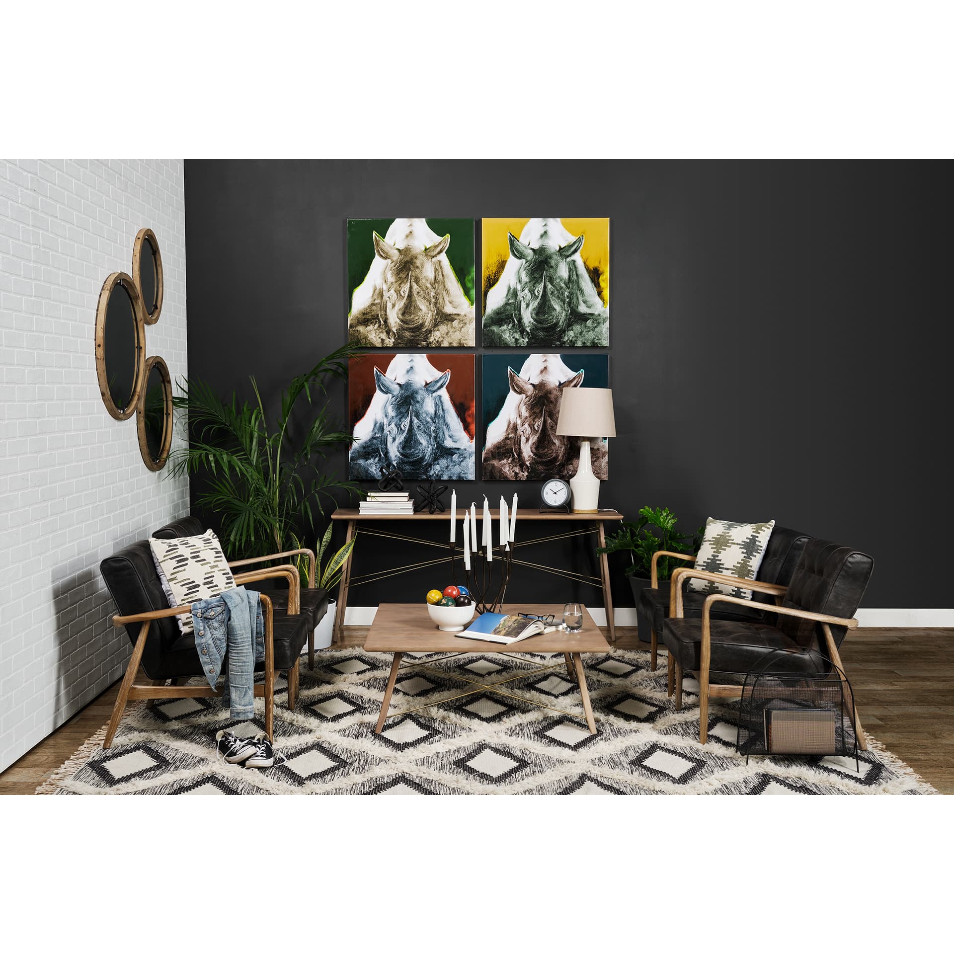 Phineas Black Leather W/ Brown Wooden Frame Accent Chair — in a styled room
