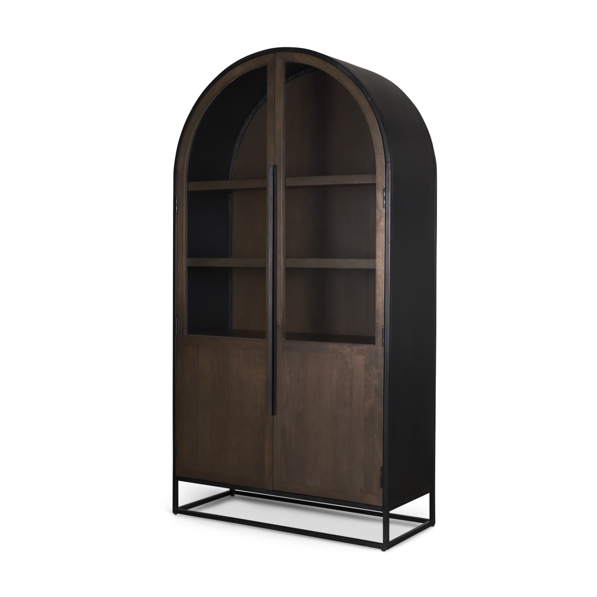 Sloan 42W x 80H Dark Brown Wood W/Black Metal Arched Curio Cabinet — product photograph