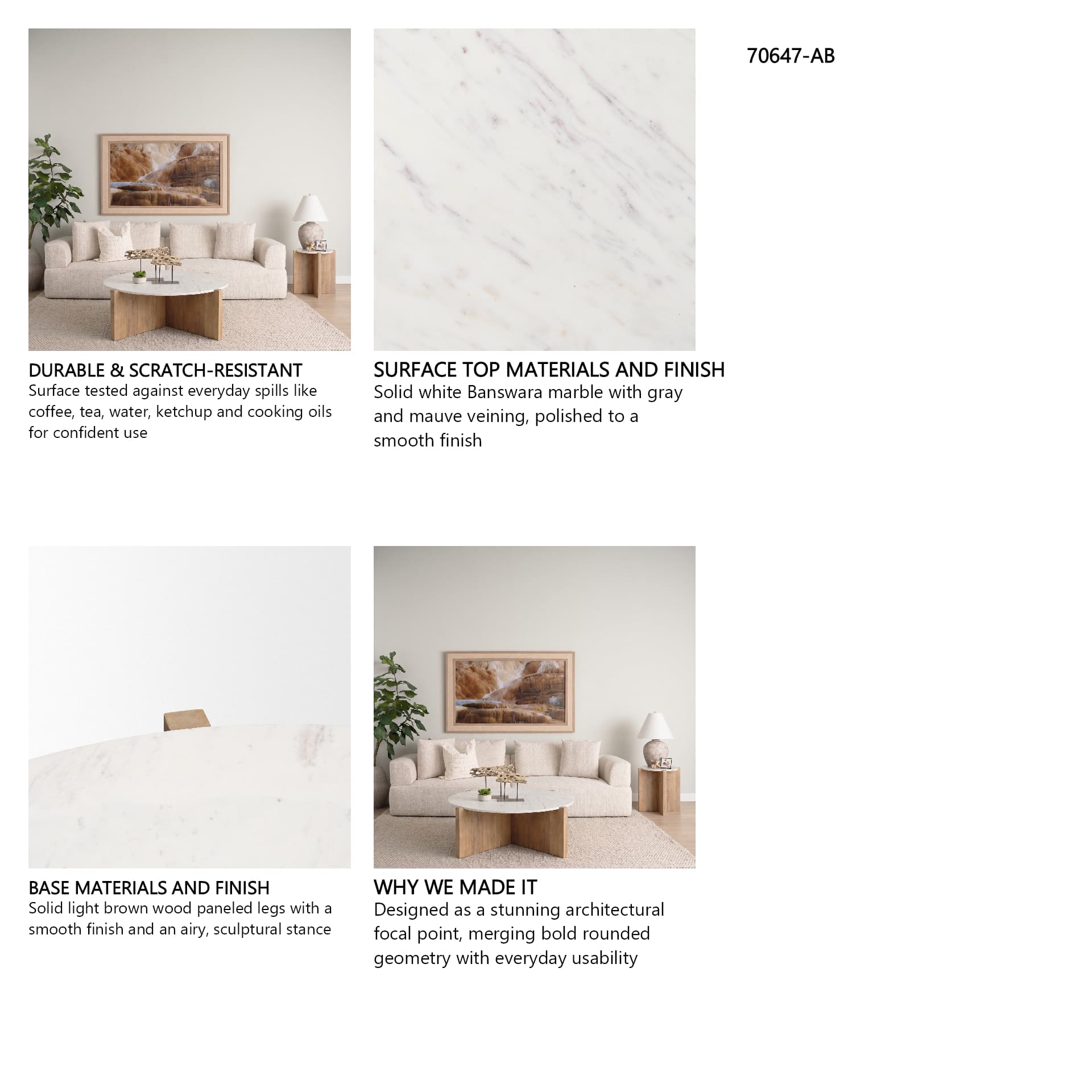 Bianca Light Brown Wood w/ Round Marble Top Coffee Table — in a styled room