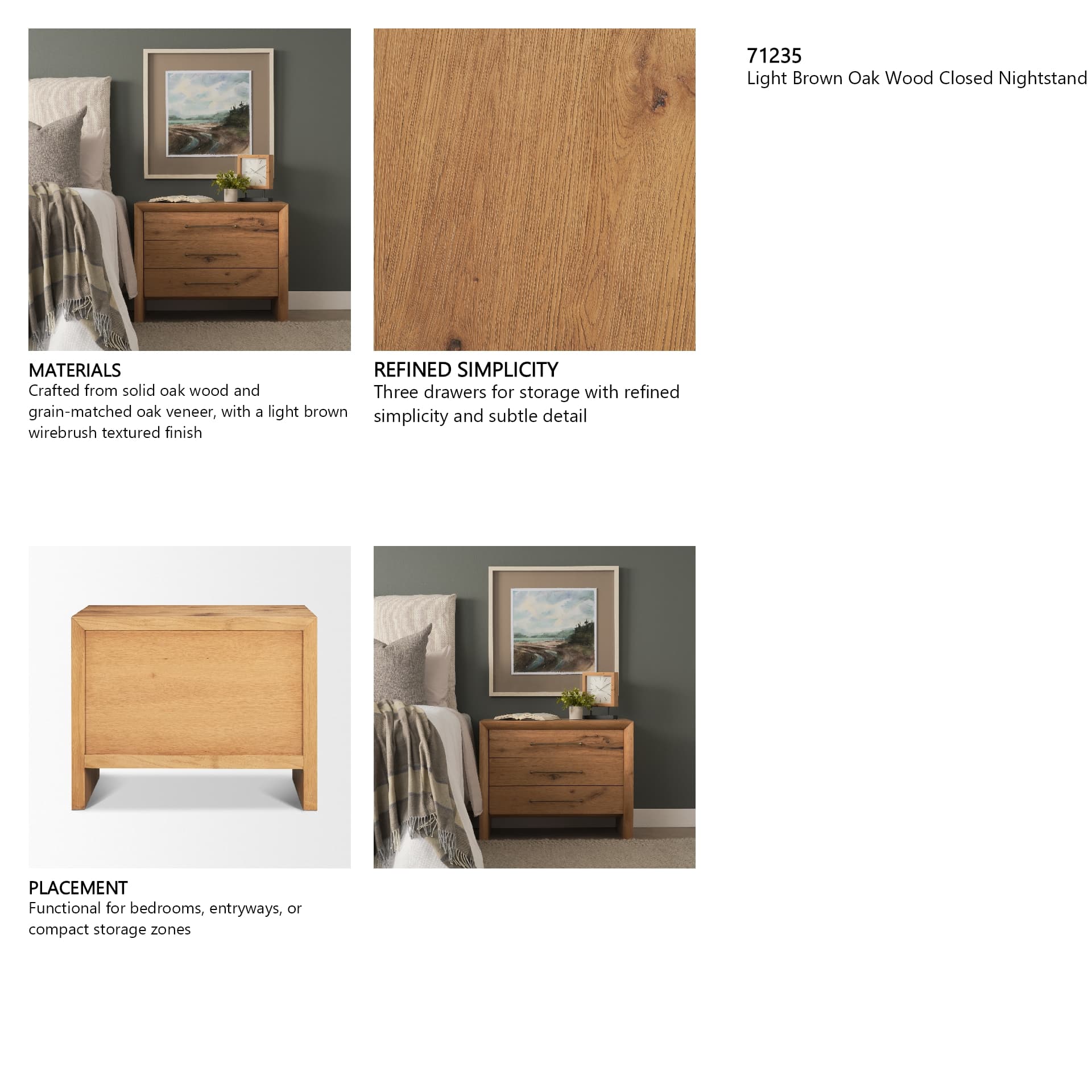 Belford 3-Drawer Light Brown Oak Wood Closed Nightstand — in a styled room