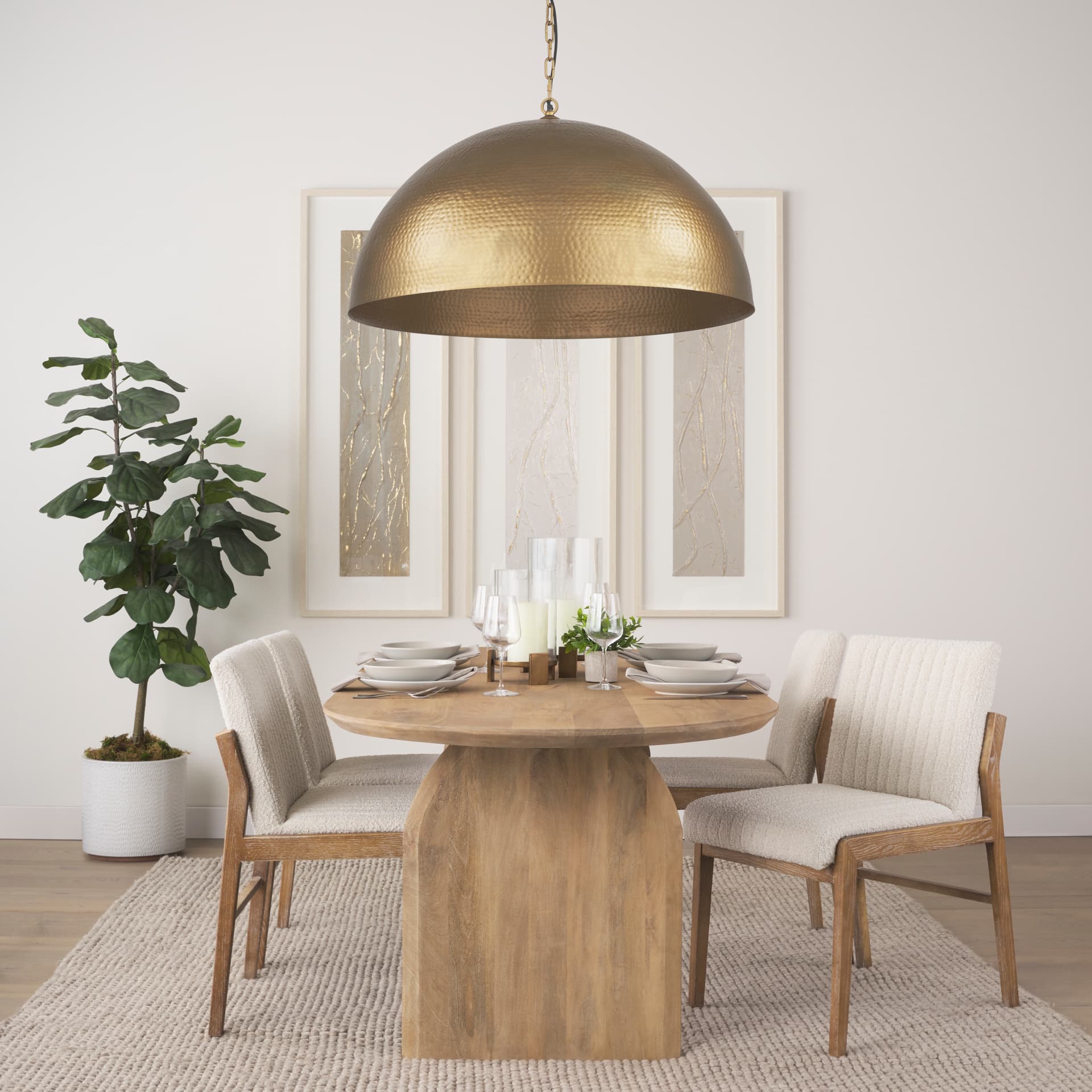 Karina 36" Round Brass-tone Hammered Metal Dome Pendant Light — in a styled room