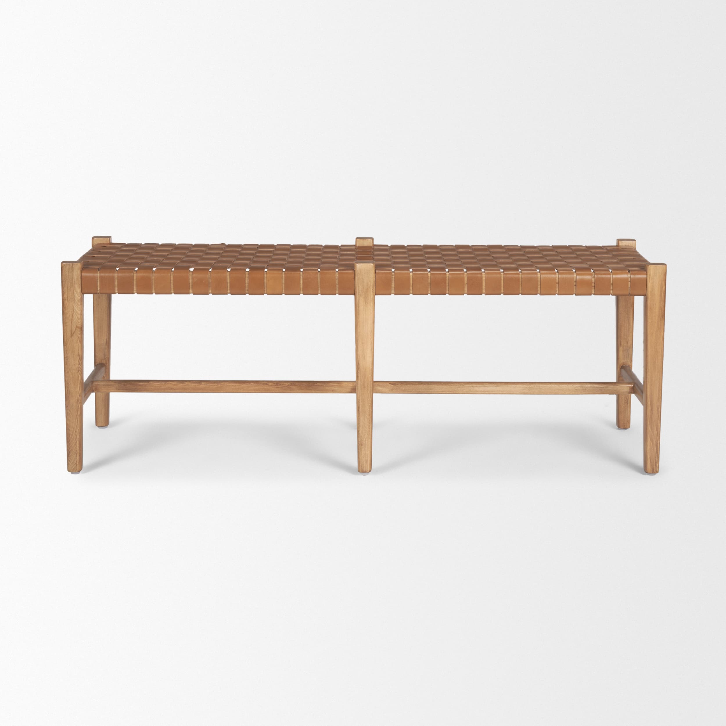 Shane Brown Wood w/ Woven Brown Leather Bench — product photograph