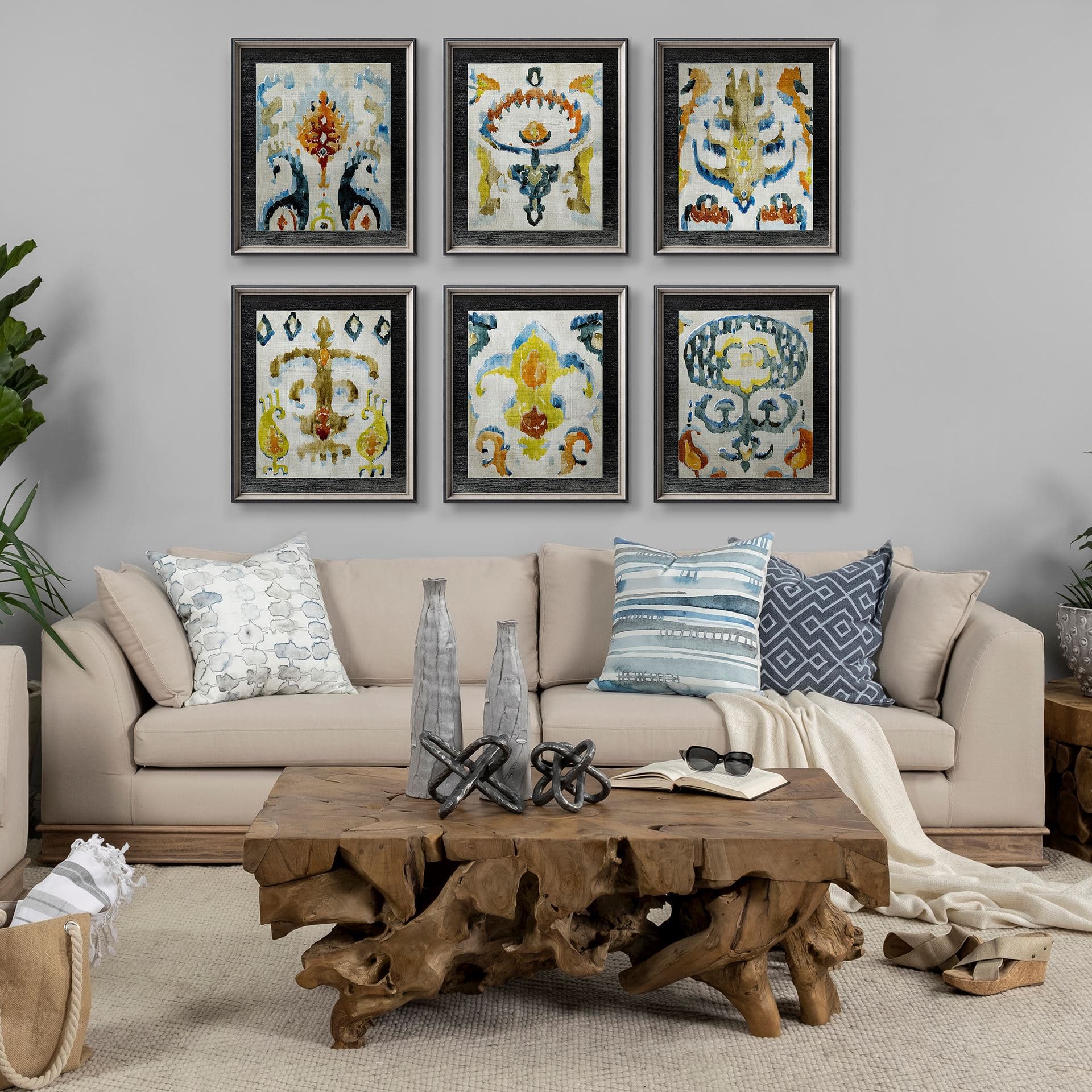 Bohemian Ikat III by Chariklia Zarris Hand Embellished Textured Framed Art Print Matted under Glass — in a styled room