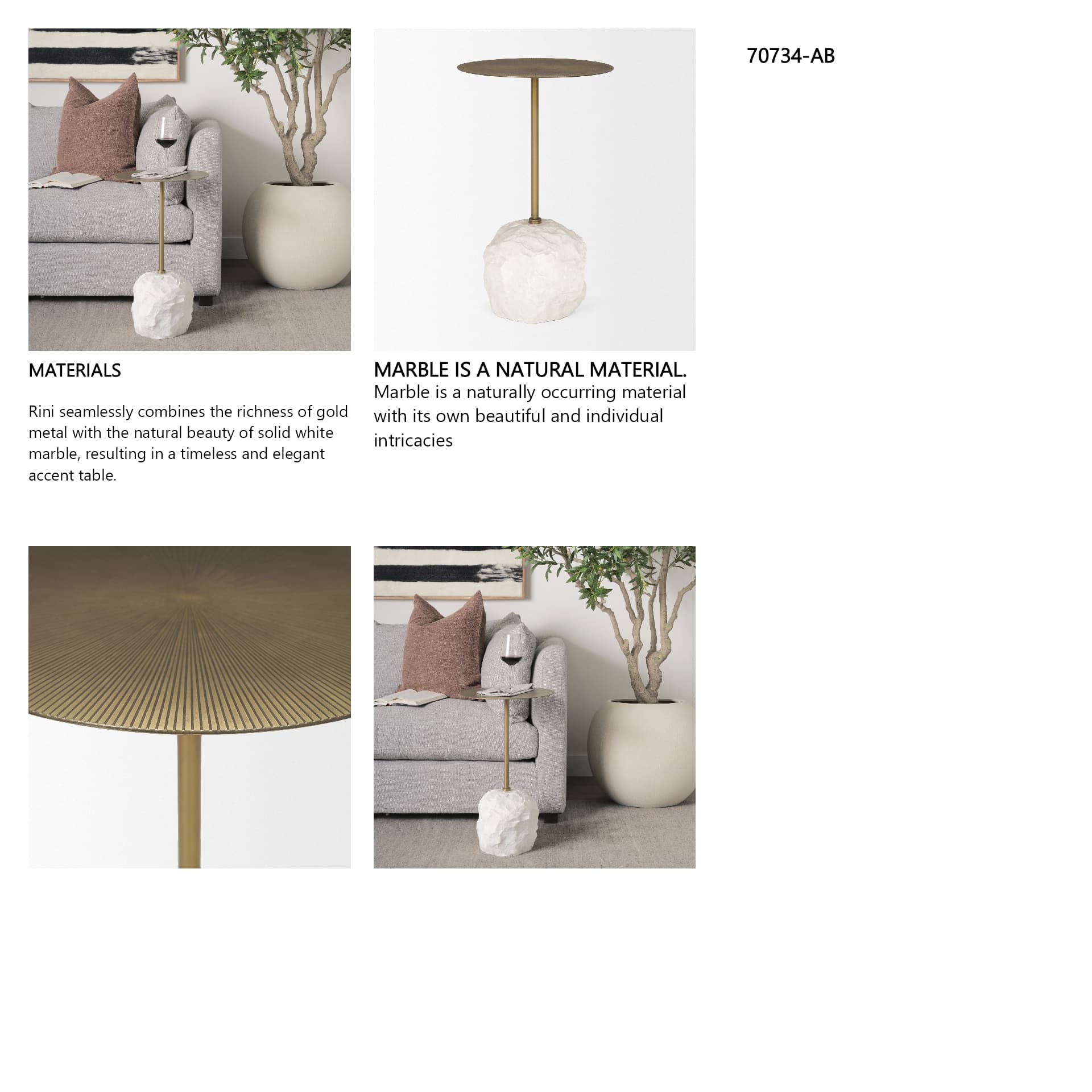 Rini Gold Metal and White Marble Accent Table — in a styled room