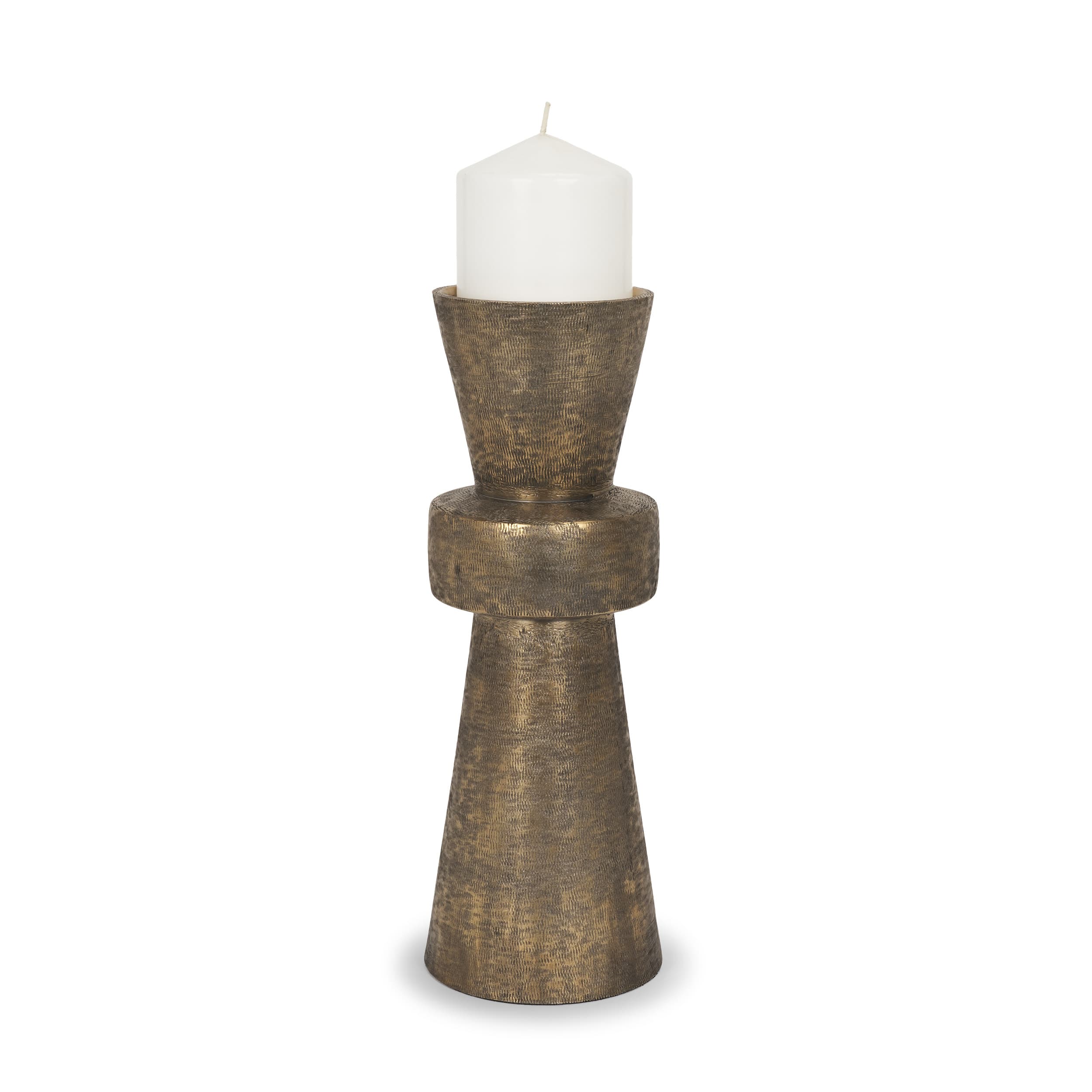 Odilia Large Textured Antiqued Gold Metal Geometric Pillar Candle Holder — product photograph
