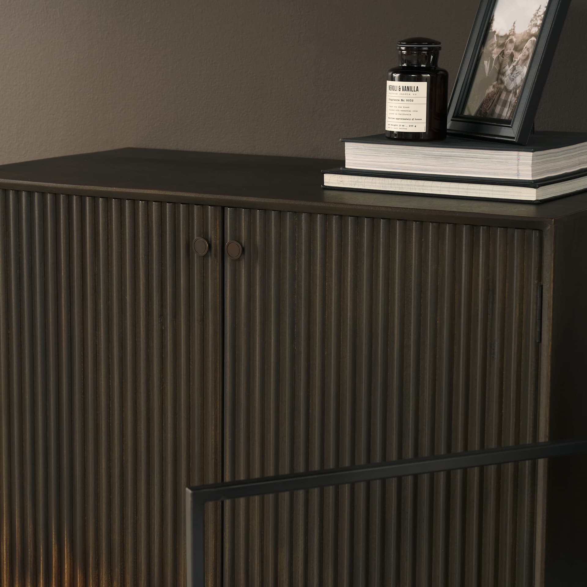 Cinder Distressed Dark Brown Wood Reeded 2-Door Closed Accent Cabinet — product photograph