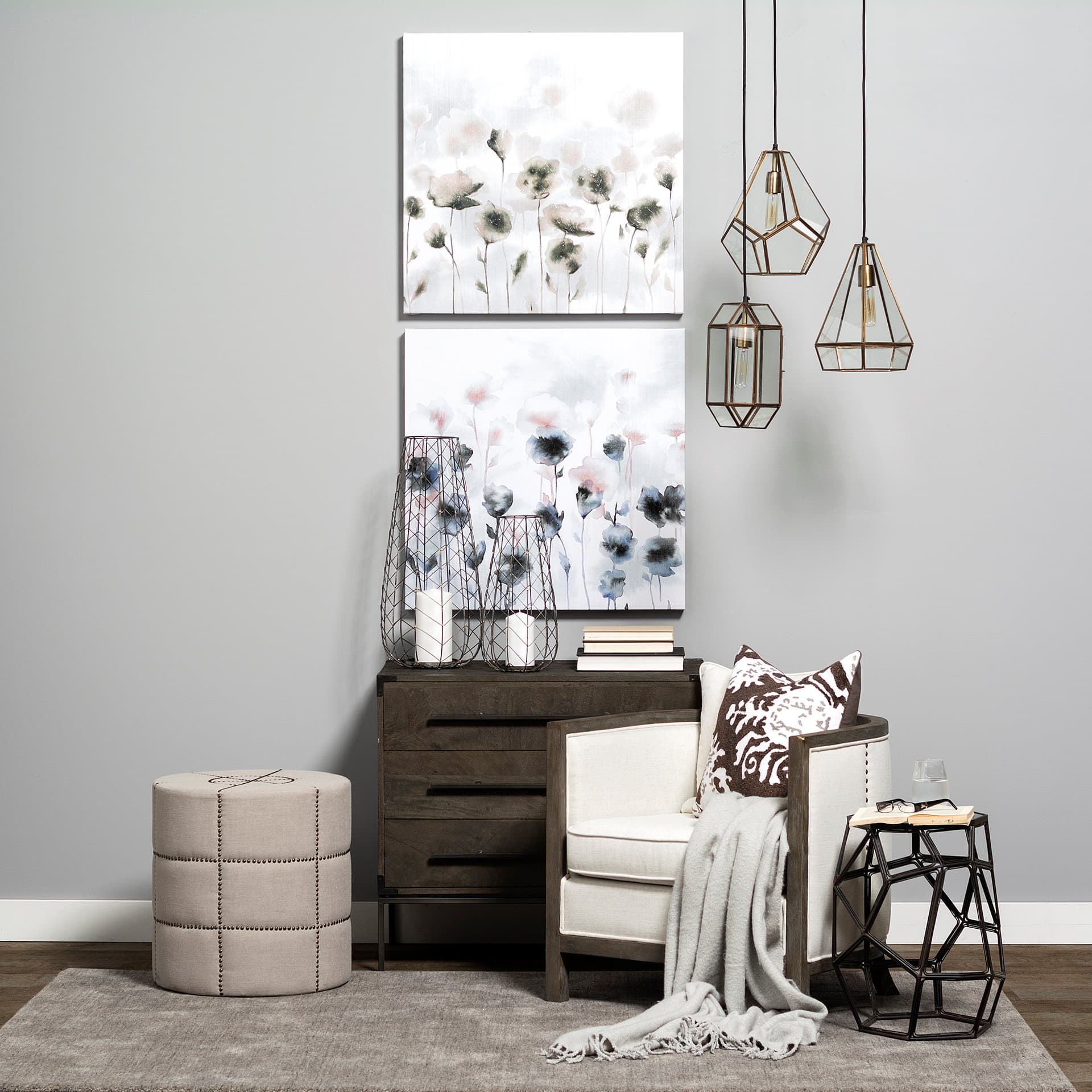 Prima 9.5x12.5 Gold Metal and Glass Pyramid Pendant Light — in a styled room