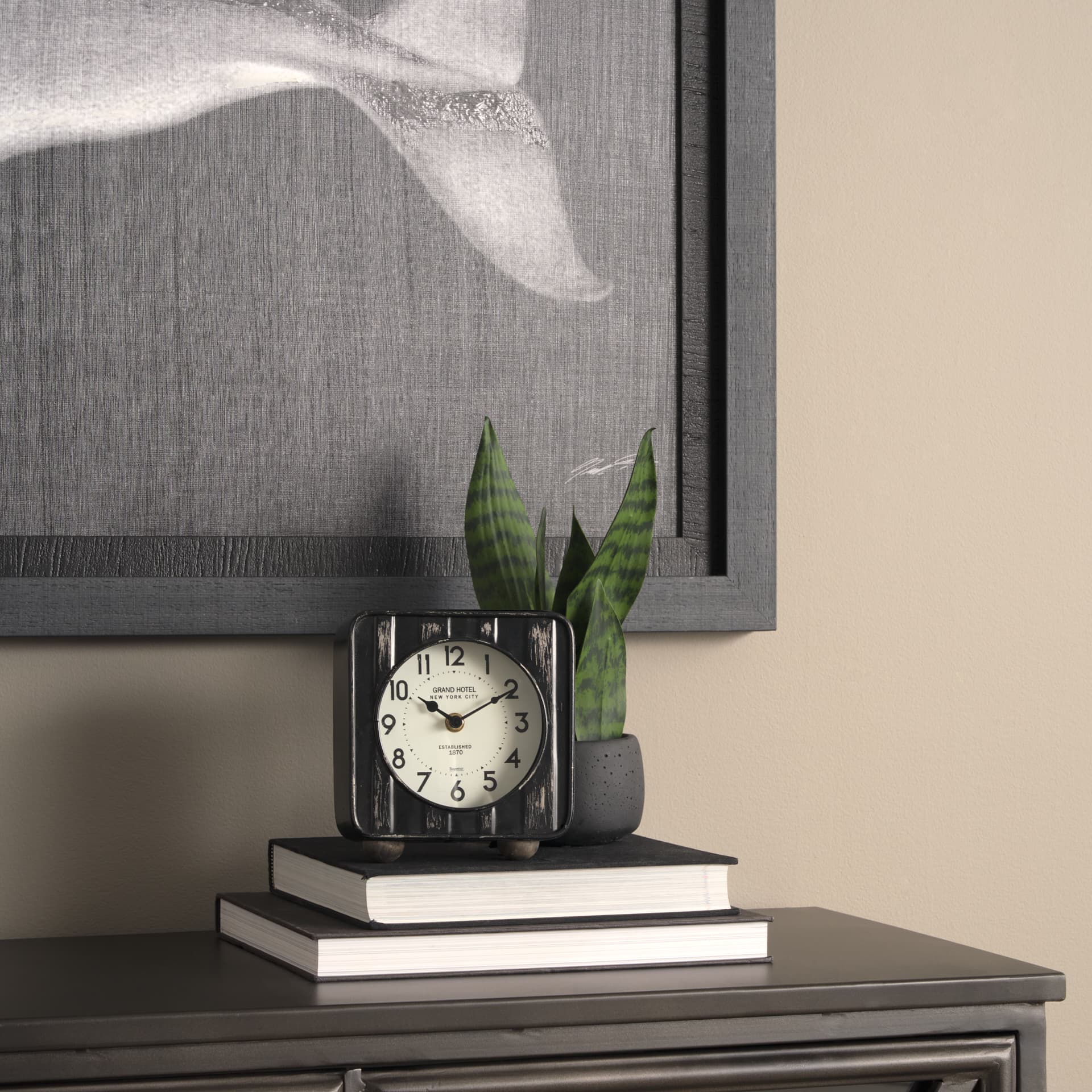 Karl 6.0L x 3.0W x 6.8H Rustic Black Iron Rounded Square Table Clock — product photograph