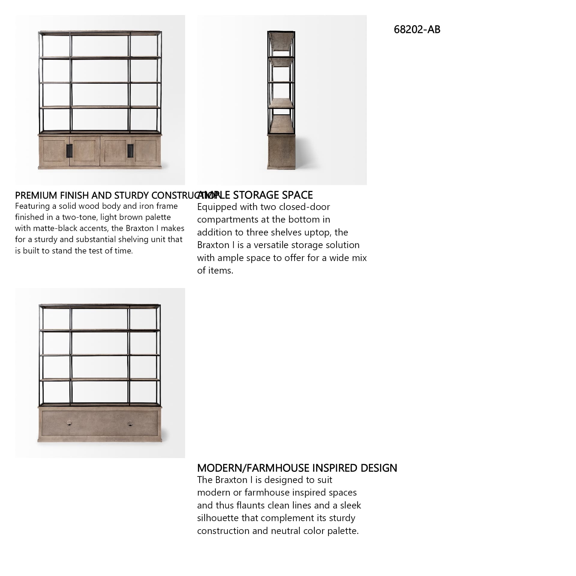 Braxton I Light Brown Wood and Iron Three Shelf Shelving Unit 81.5L x 18.5W x 90 — in a styled room