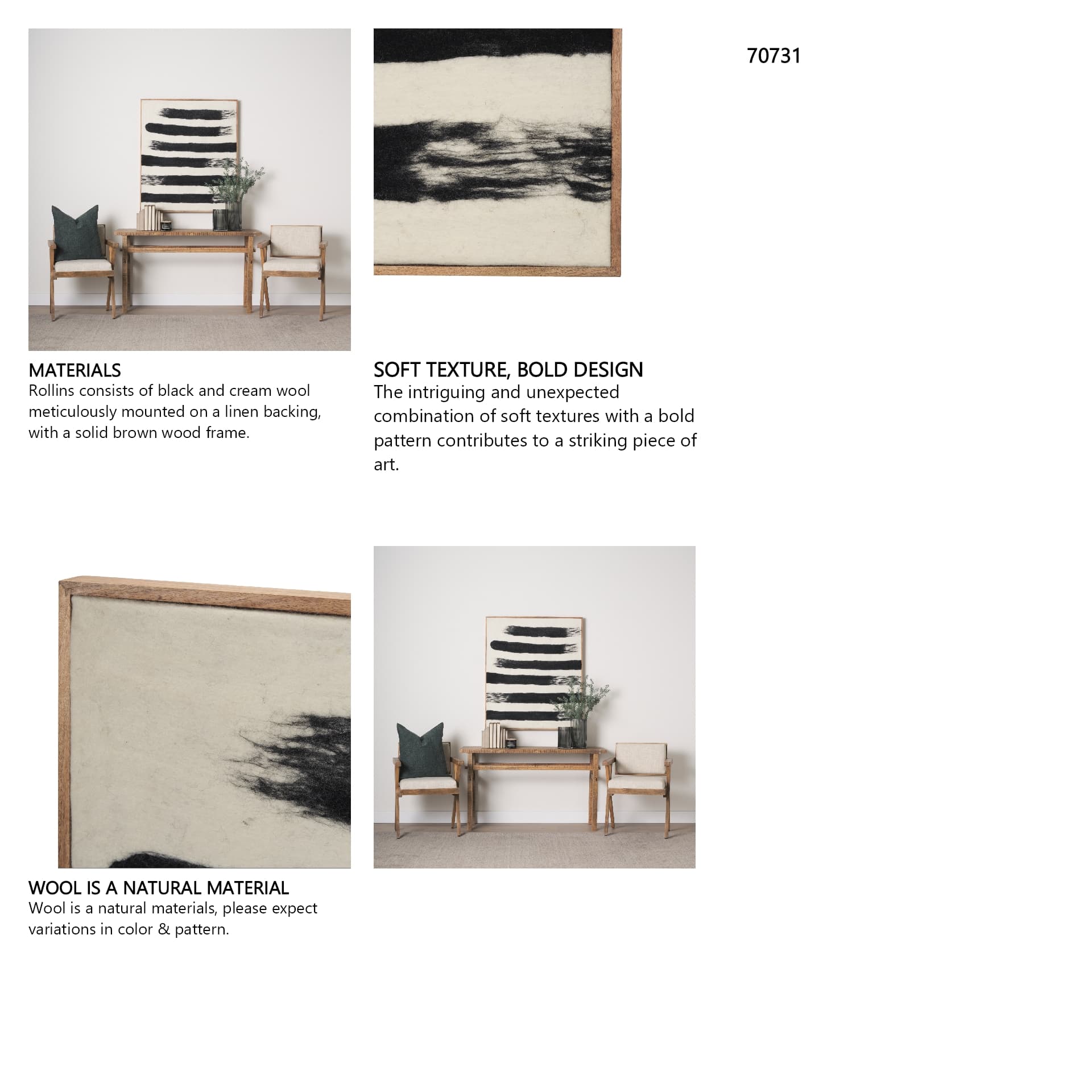 Rollins Large Cream w/ Black Stripes Wool Framed Art — in a styled room