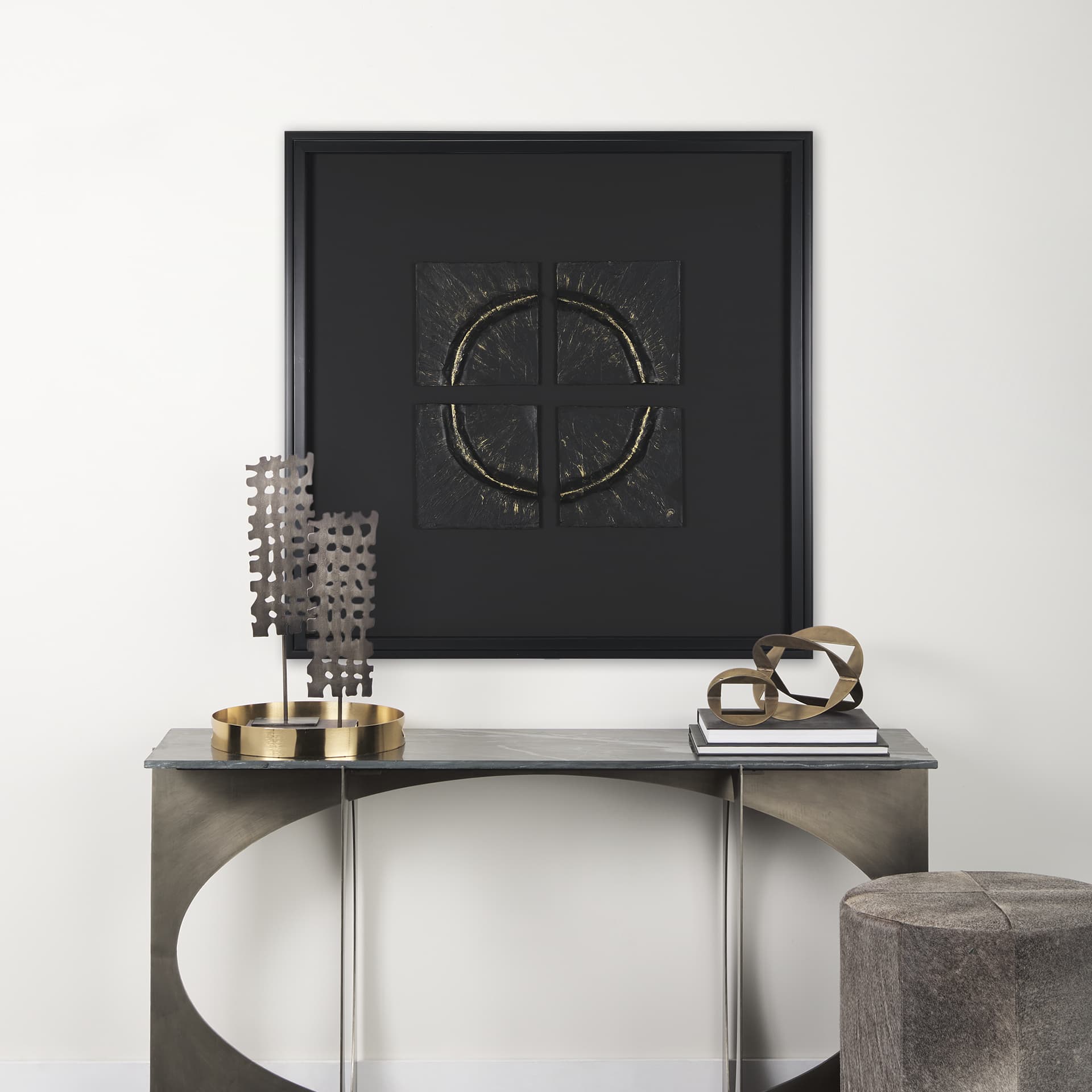 Equal Quadrants Black by Studio M a handmade Original Framed 3D Textured Artwork under Glass — in a styled room