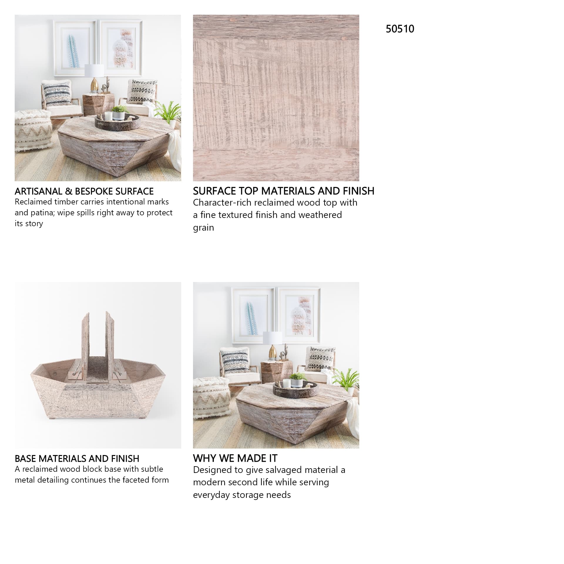 Esagono Octagonal Reclaimed Wood Coffee Table w/ Storage — in a styled room
