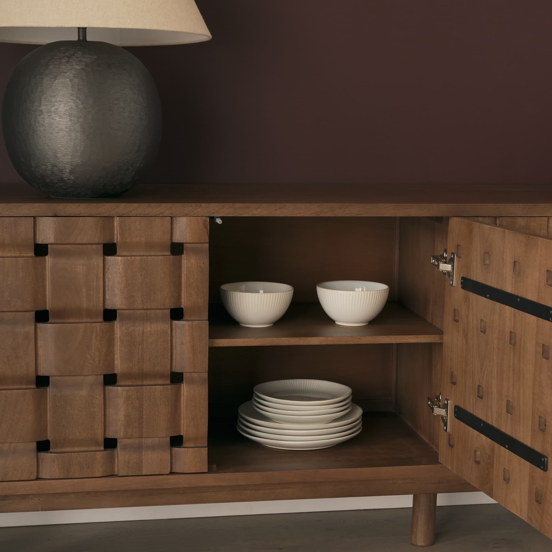 Trellyn Dark Brown Solid Wood 4-Door w/ Carved Woven Doors Closed Sideboard — product photograph