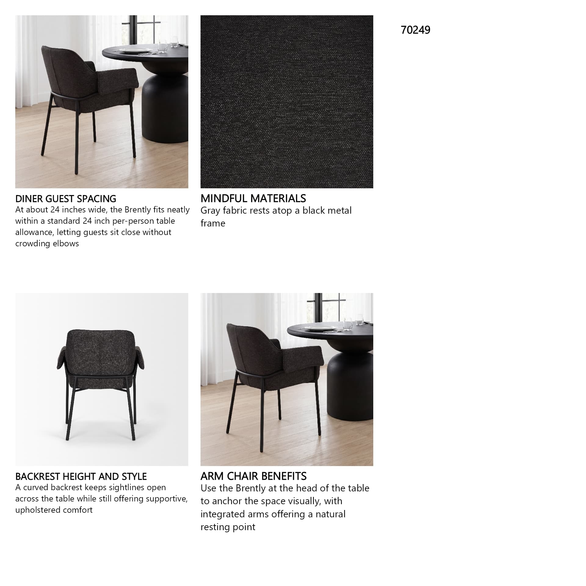 Brently Curved Back Dining Arm Chair | Gray Fabric w/ Metal — in a styled room