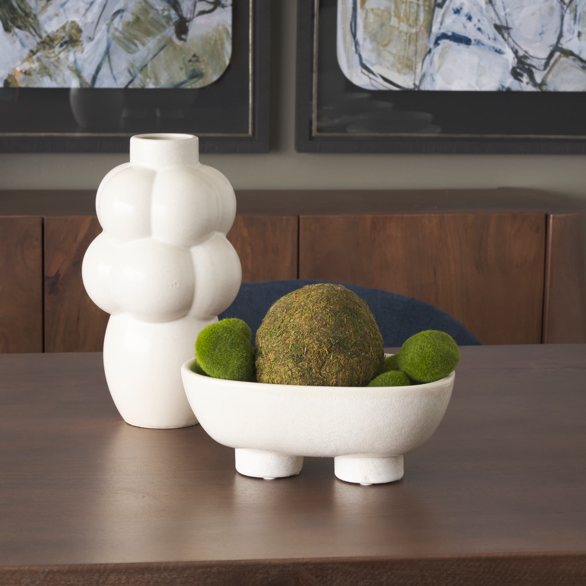 Tyren Cream Glazed Decorative Oblong Ceramic Bowl — in a styled room