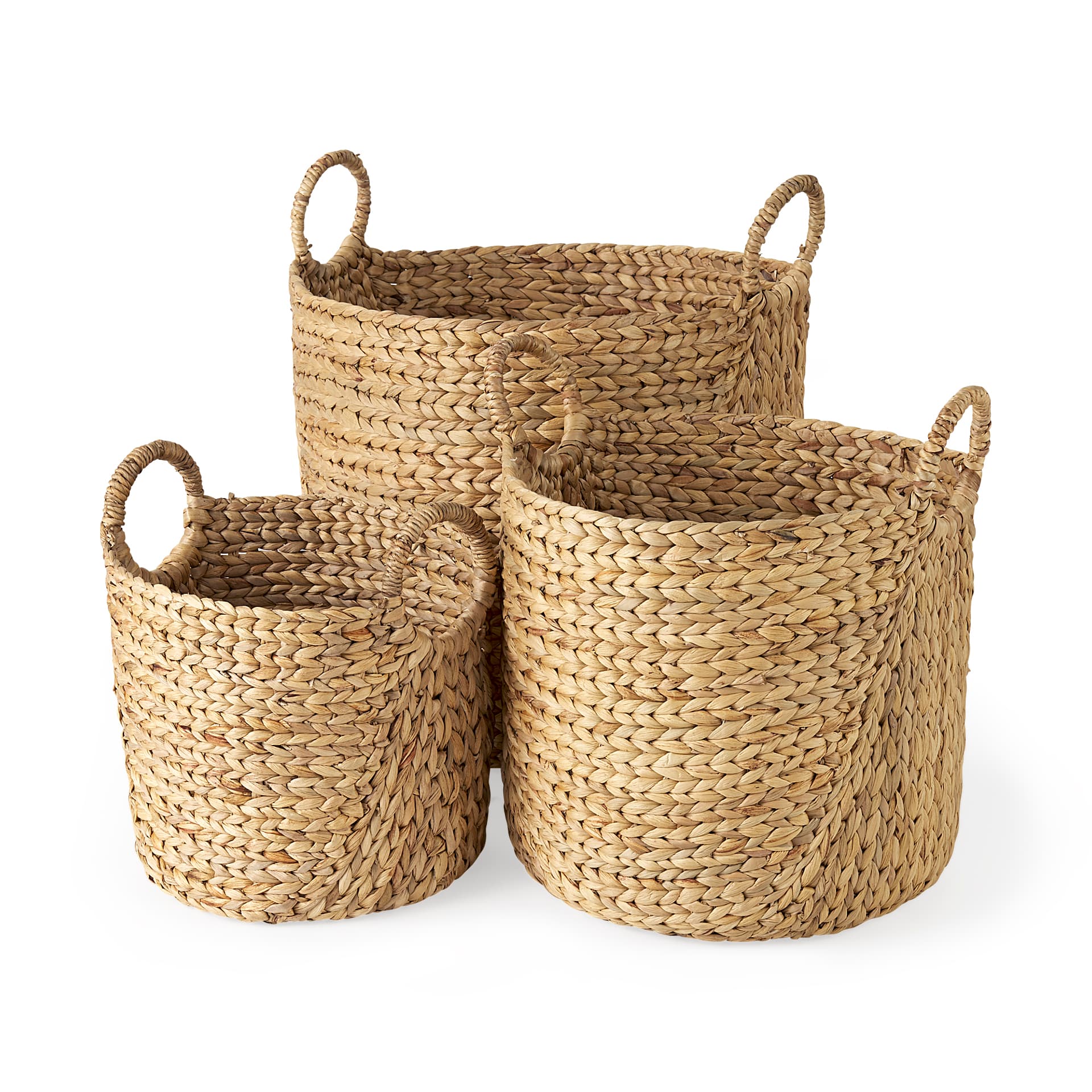 Sivan 19.7L x 19.7W x 23.6H (Set of 3) Light Brown Water Hyacinth Round Basket W/ Handles — product photograph
