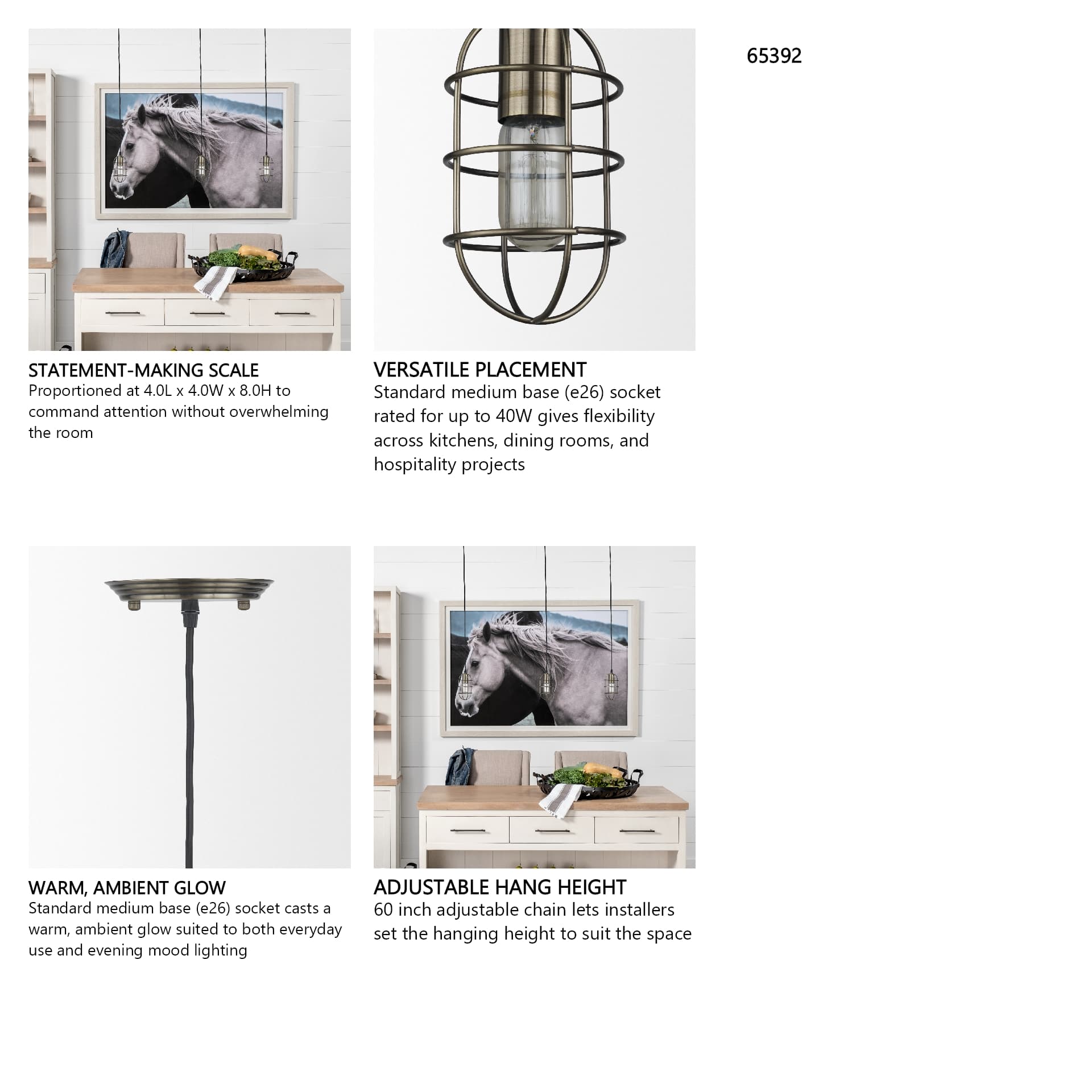 Hines I 4x8 Antiqued-Brass Metal Cage Pendant Light — in a styled room