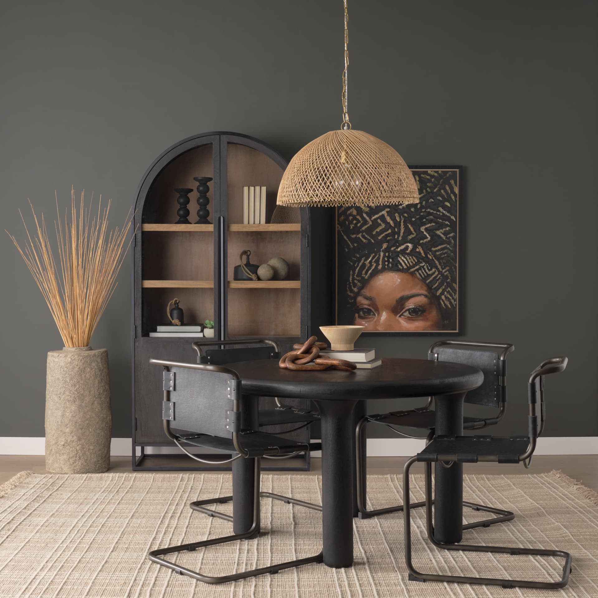 Thad 1-Light Natural Woven Rattan Dome Pendant — in a styled room