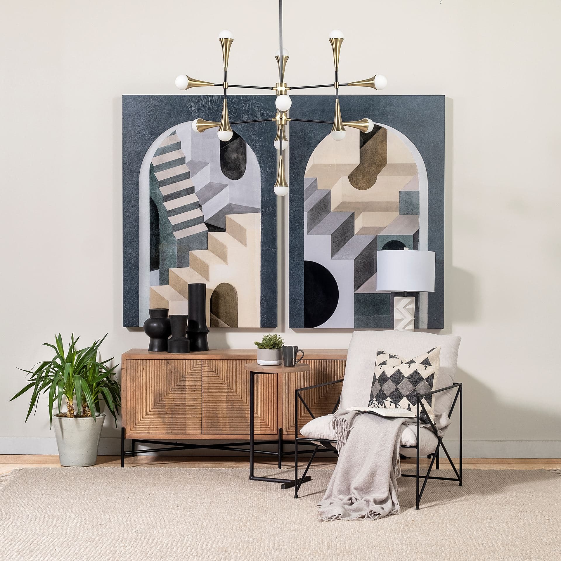 Ballatine 15L x 15W x 27H Brown Wood Round Top w/ Black Metal Base Accent Table — in a styled room