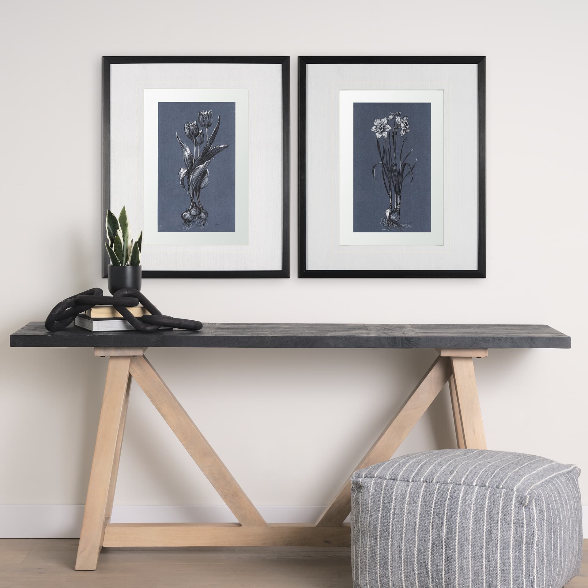 Botanical sketches II (Blue) by Mercana Studio Hand Embellished Framed Art Print Matted under Glass — in a styled room