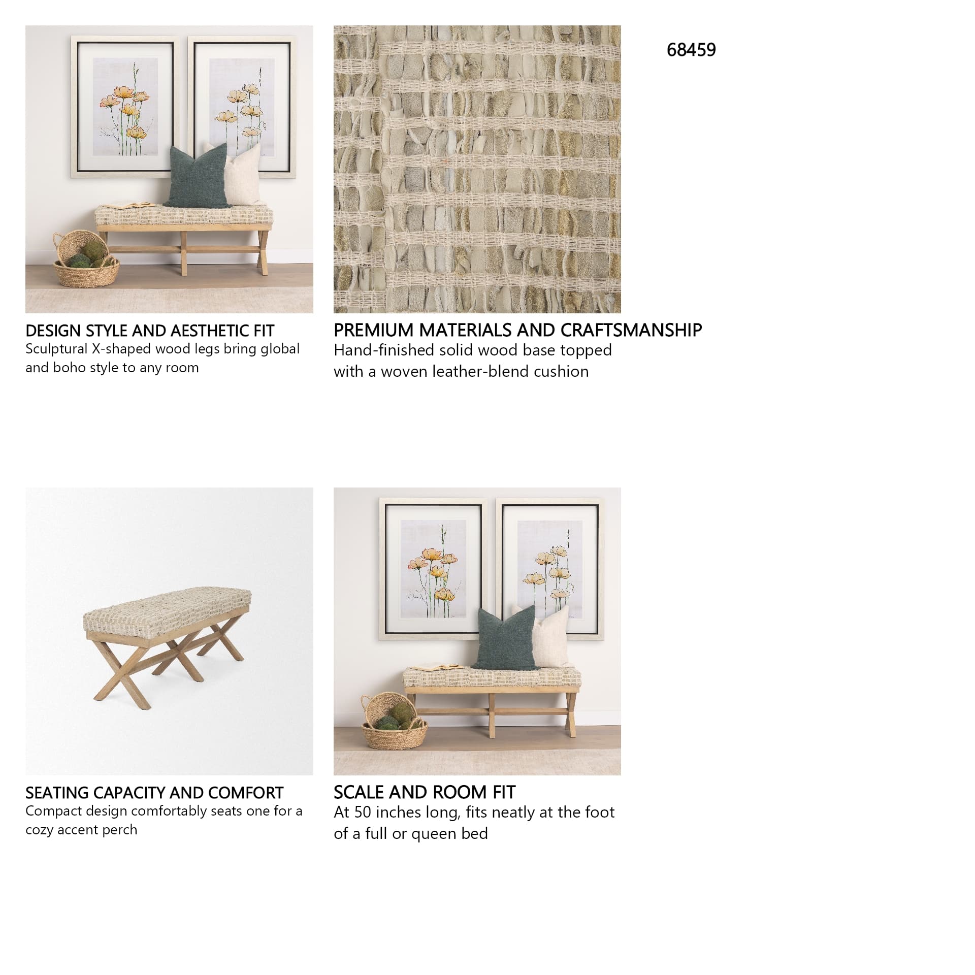 Solis II 50L x 16W Brown Base Beige Woven Leather Cushion Accent Bench — in a styled room